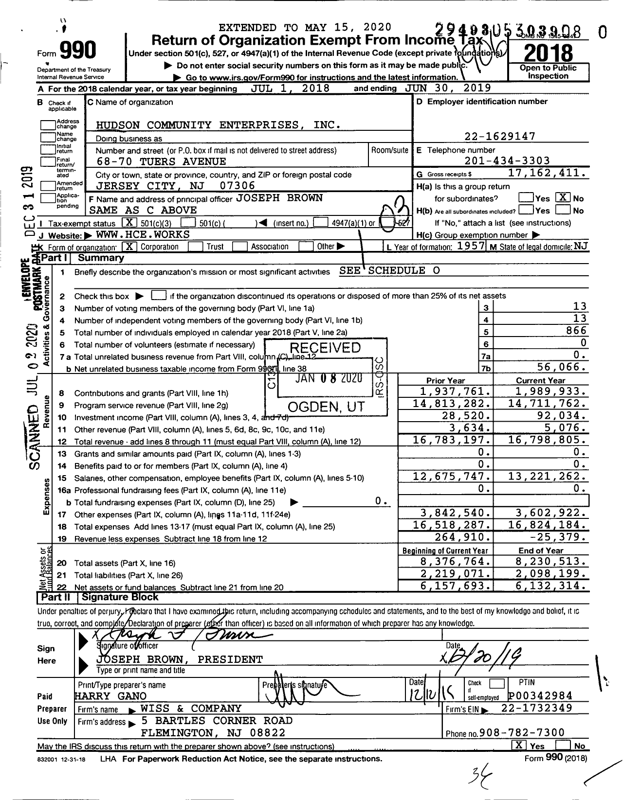 Image of first page of 2018 Form 990 for Hudson Community Enterprises (HCE)