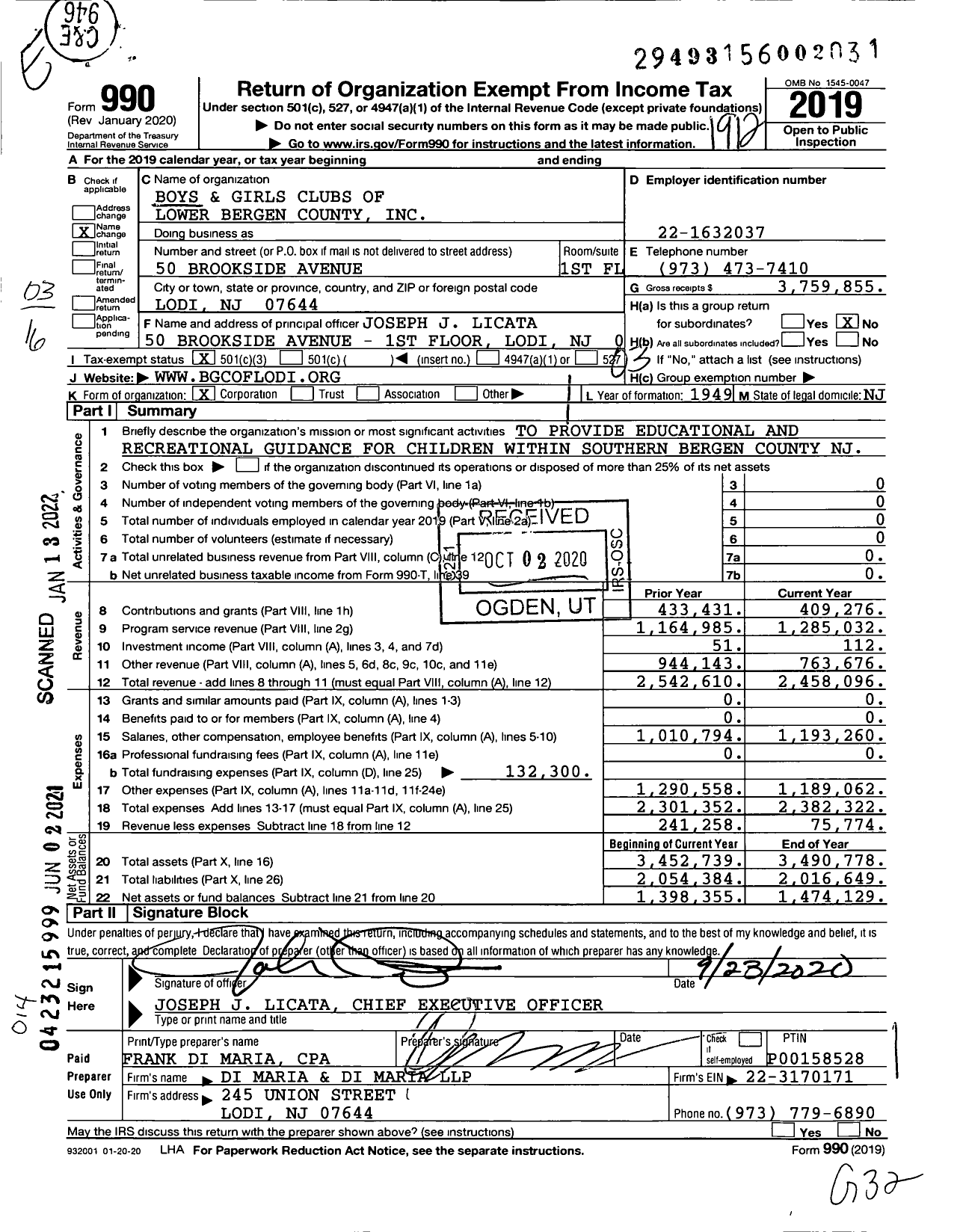 Image of first page of 2019 Form 990 for Boys and Girls Clubs of Lower Bergen County