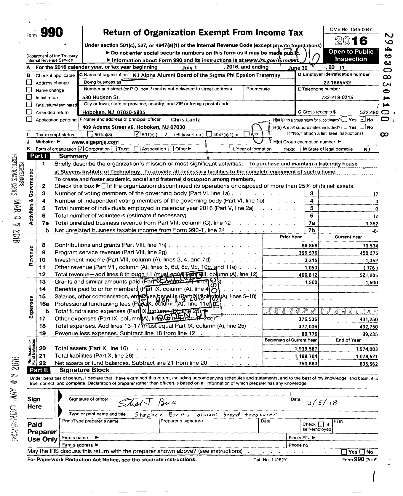 Image of first page of 2016 Form 990O for Sigma Phi Epsilon - NJ Alpha Alumni Board of Sigma Phi Epsilon Fraternity