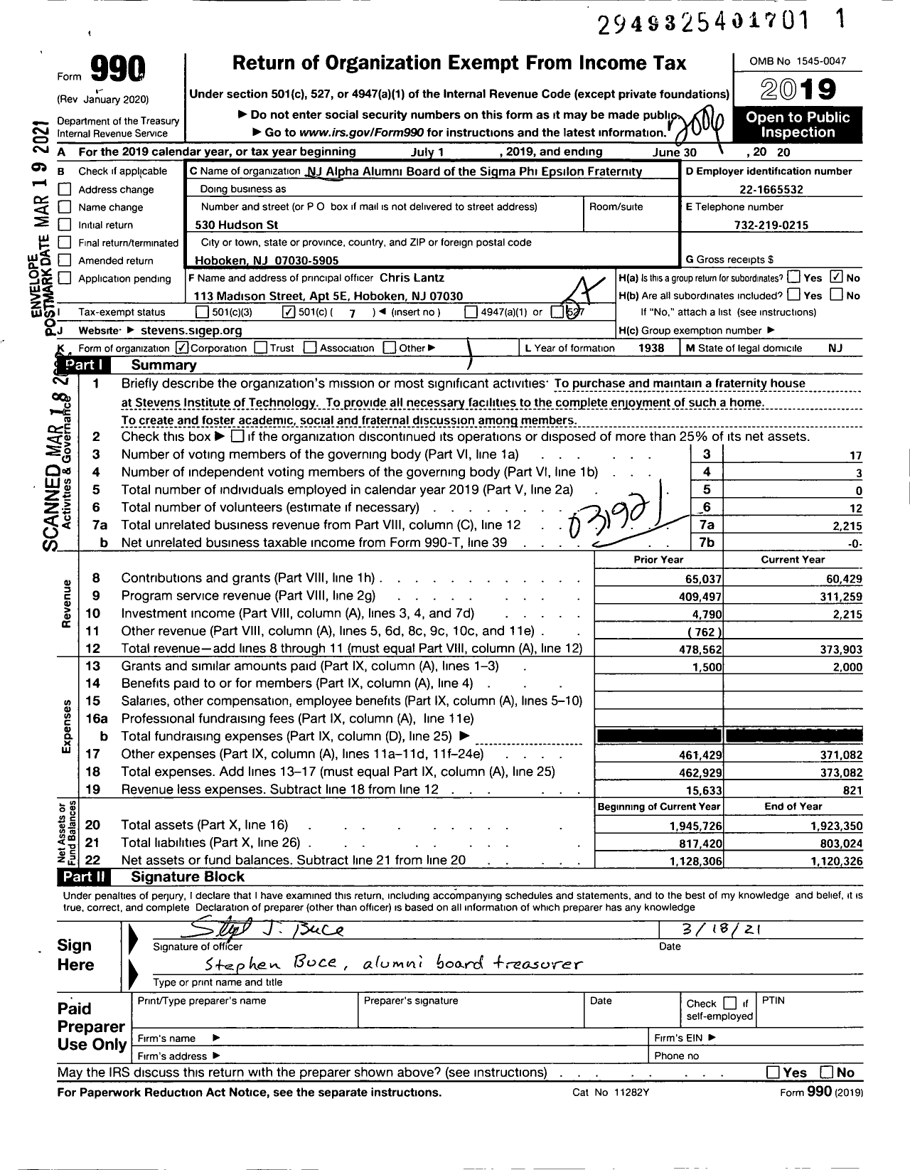 Image of first page of 2019 Form 990O for Sigma Phi Epsilon - NJ Alpha Alumni Board of Sigma Phi Epsilon Fraternity