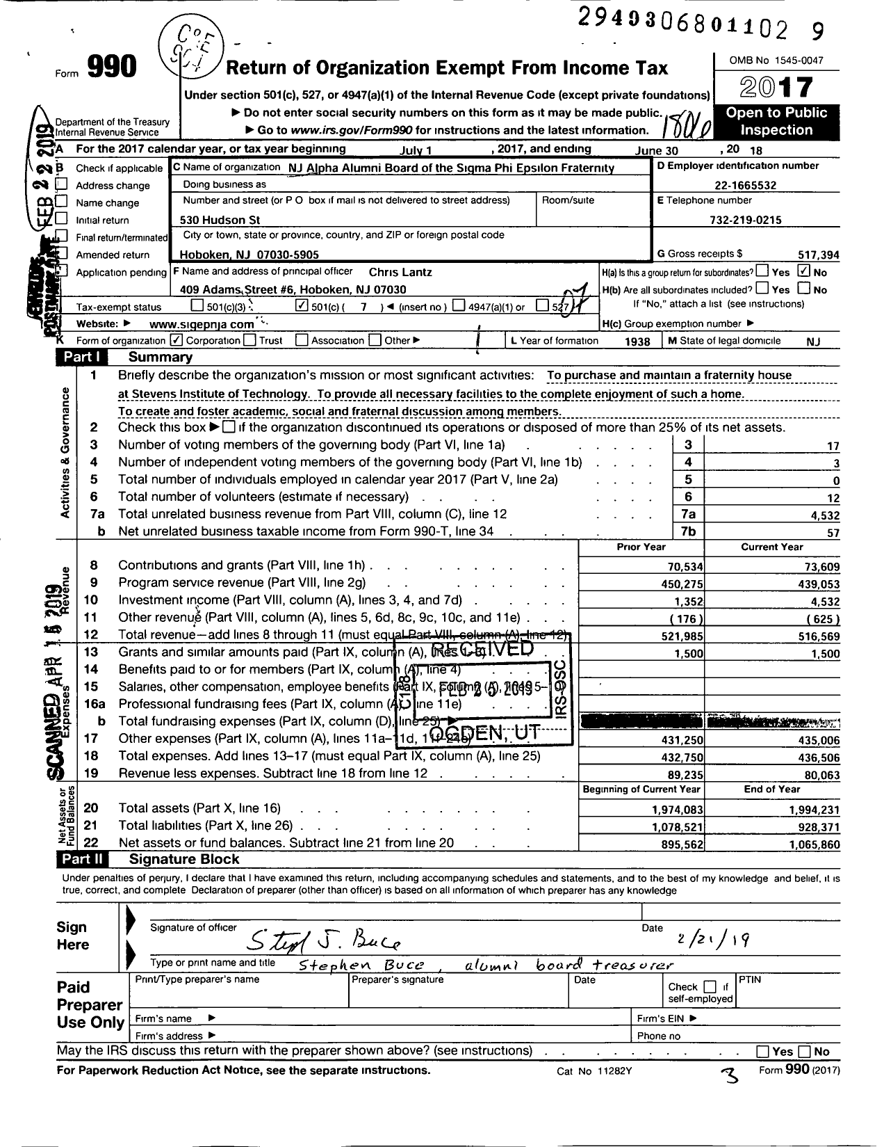 Image of first page of 2017 Form 990O for Sigma Phi Epsilon - NJ Alpha Alumni Board of Sigma Phi Epsilon Fraternity