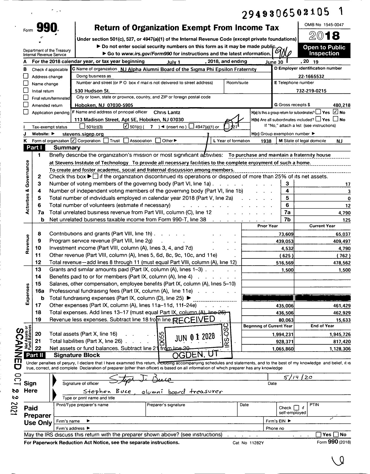 Image of first page of 2018 Form 990O for Sigma Phi Epsilon - NJ Alpha Alumni Board of Sigma Phi Epsilon Fraternity