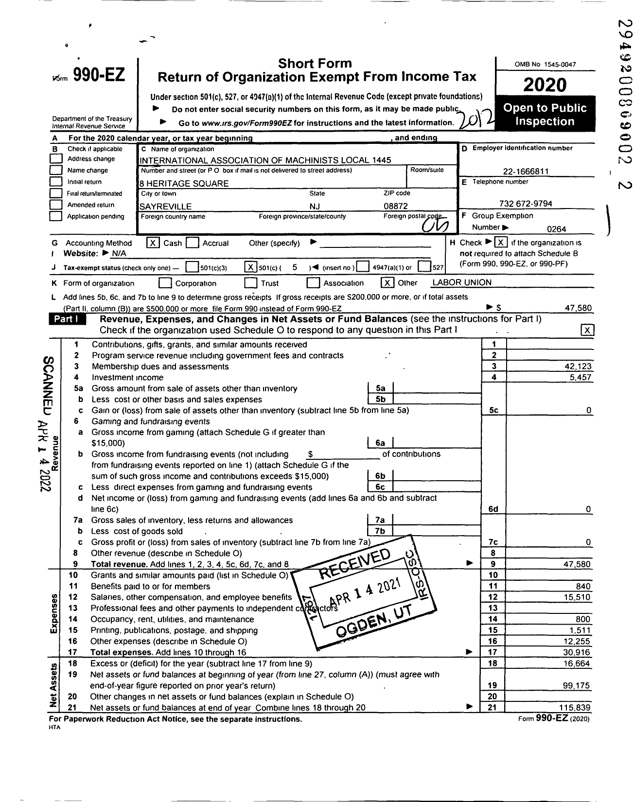 Image of first page of 2020 Form 990EO for International Association of Machinists and Aerospace Workers - 1445