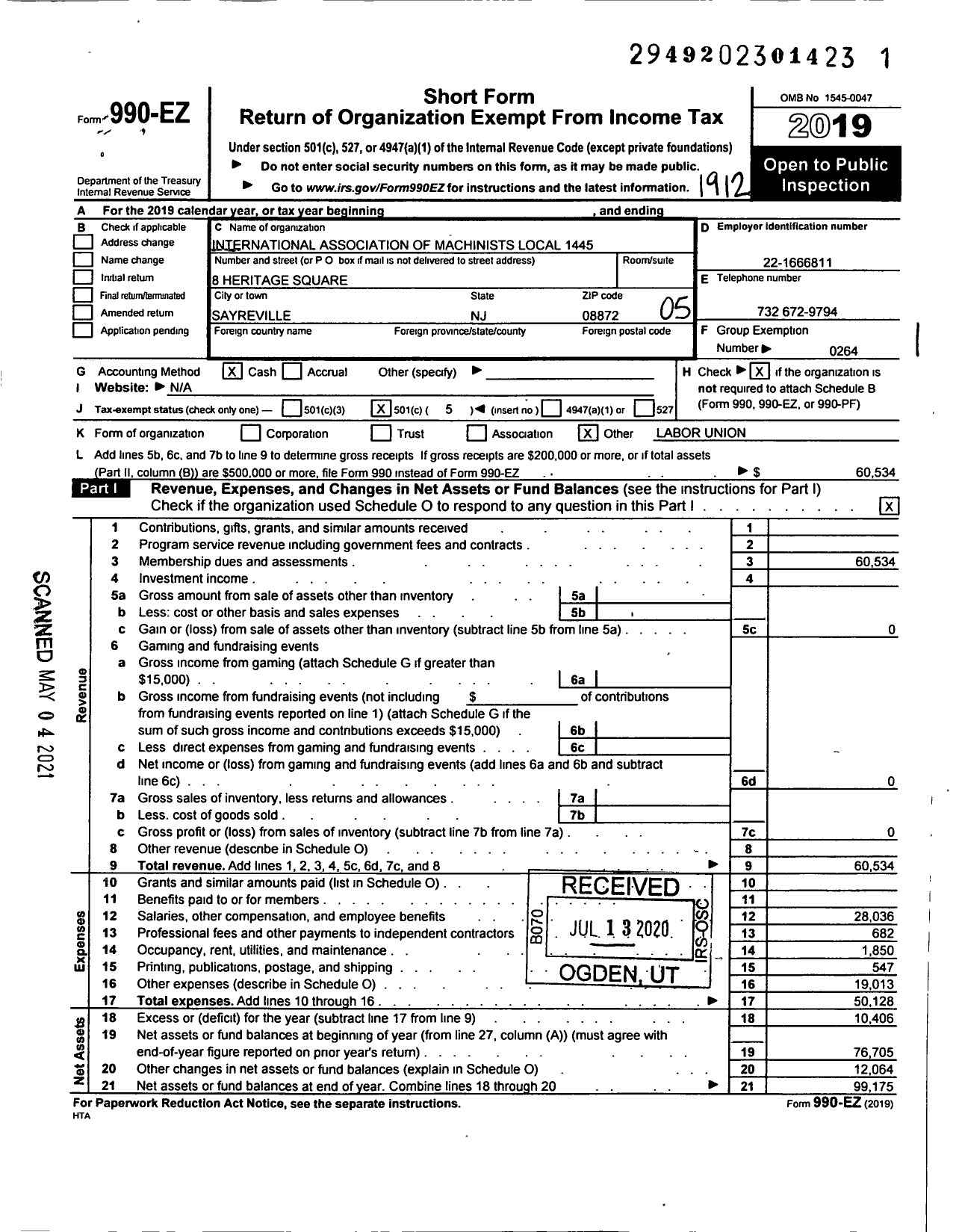 Image of first page of 2019 Form 990EO for International Association of Machinists and Aerospace Workers - 1445