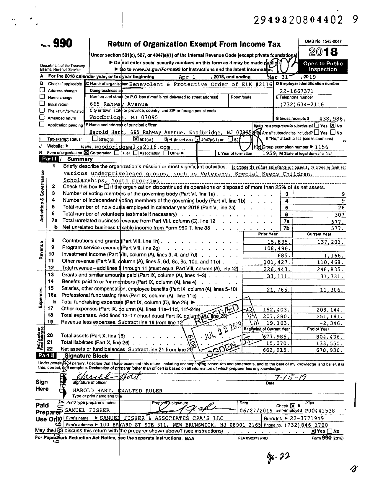 Image of first page of 2018 Form 990O for Benevolent and Protective Order of Elks - 2116 Woodbridge