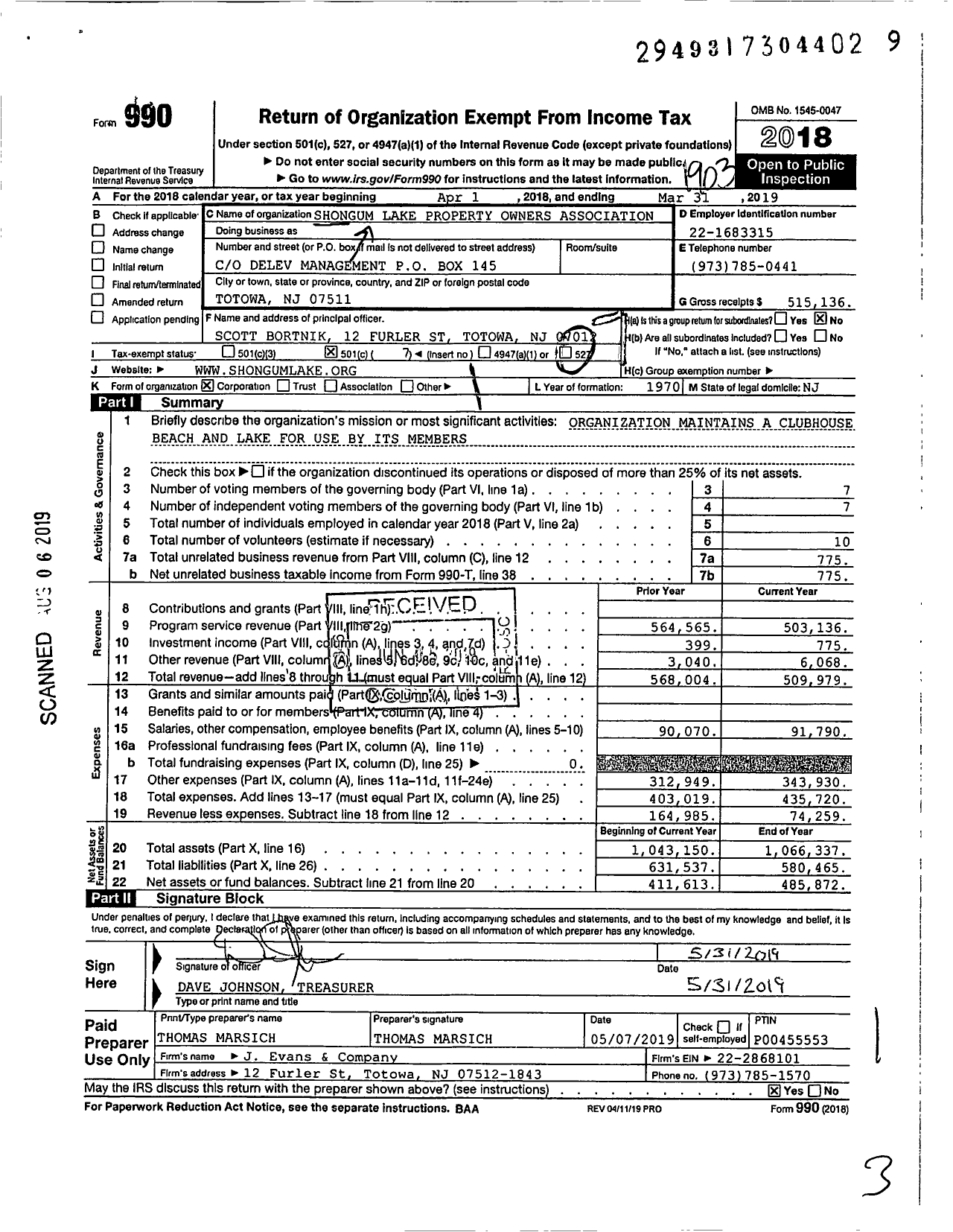 Image of first page of 2018 Form 990O for Shongum Lake Property Owners Association