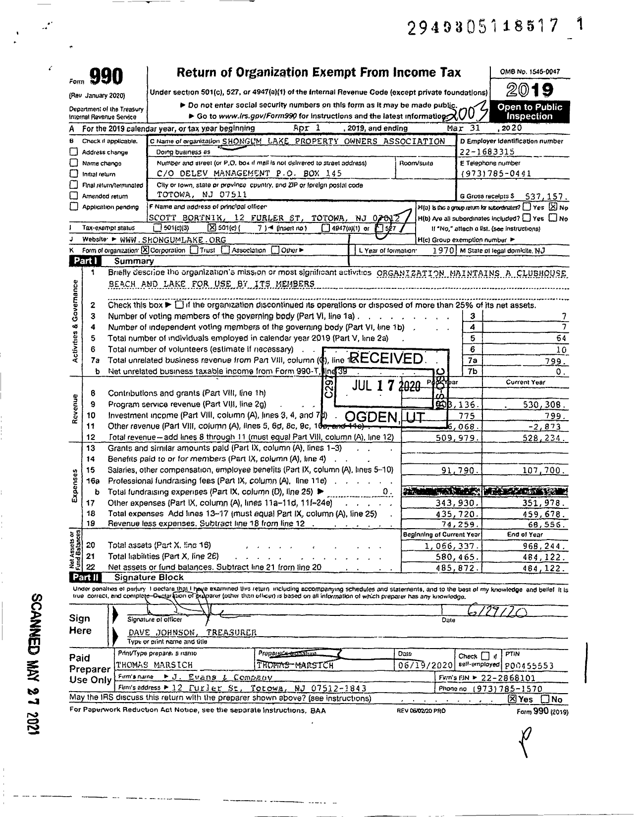 Image of first page of 2019 Form 990O for Shongum Lake Property Owners Association