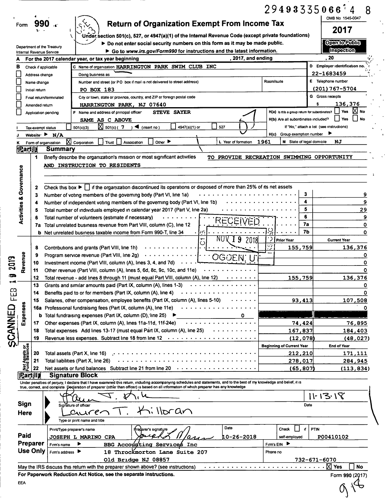 Image of first page of 2017 Form 990O for Harrington Park Swim Club