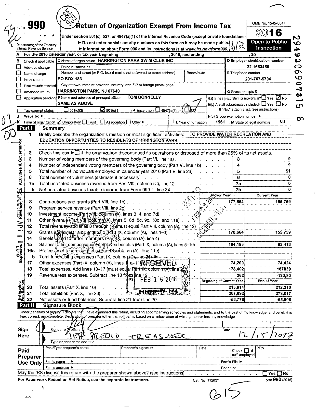 Image of first page of 2016 Form 990O for Harrington Park Swim Club