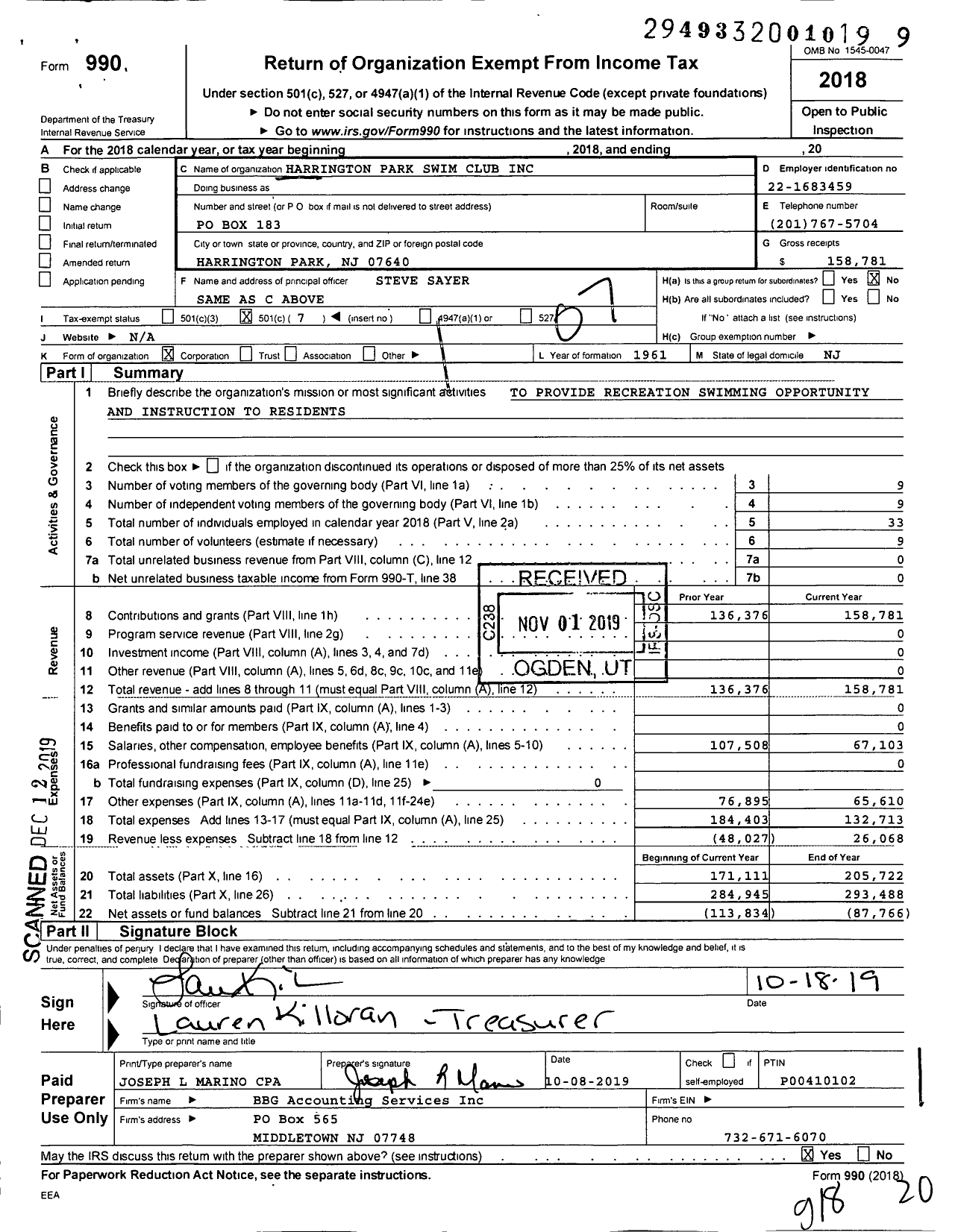 Image of first page of 2018 Form 990O for Harrington Park Swim Club