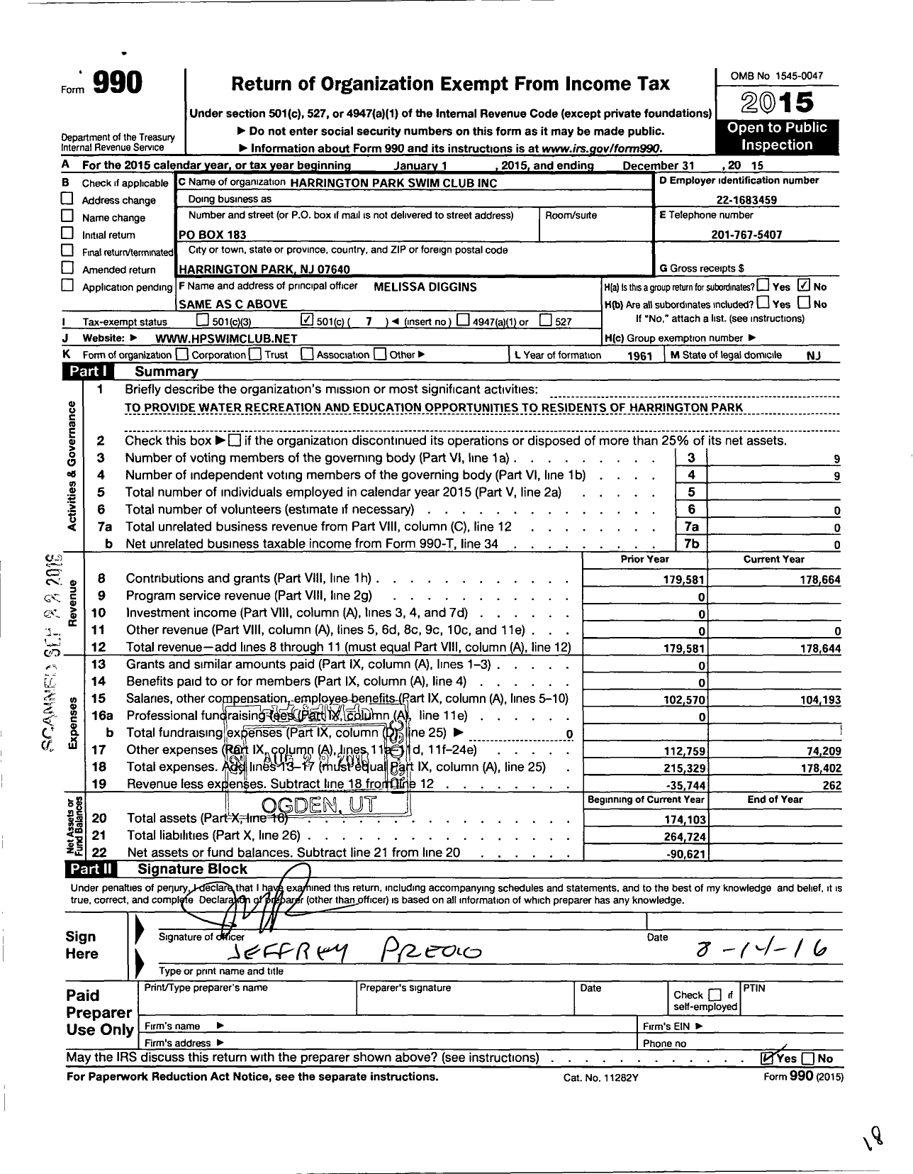 Image of first page of 2015 Form 990O for Harrington Park Swim Club