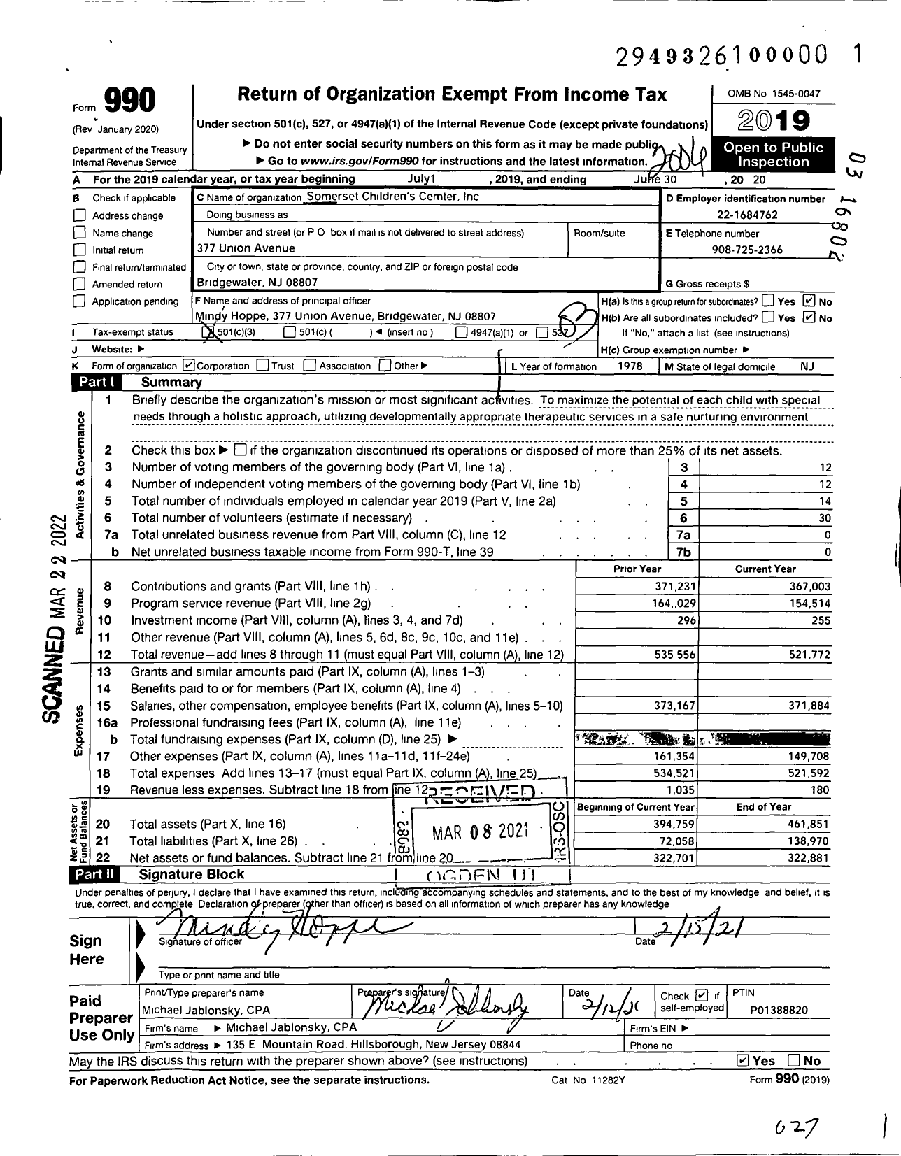 Image of first page of 2019 Form 990 for Somerset Children's Center