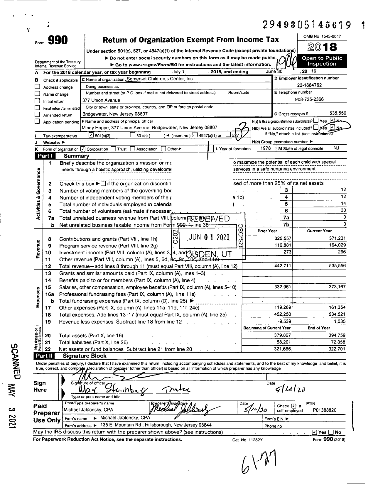 Image of first page of 2018 Form 990 for Somerset Children's Center