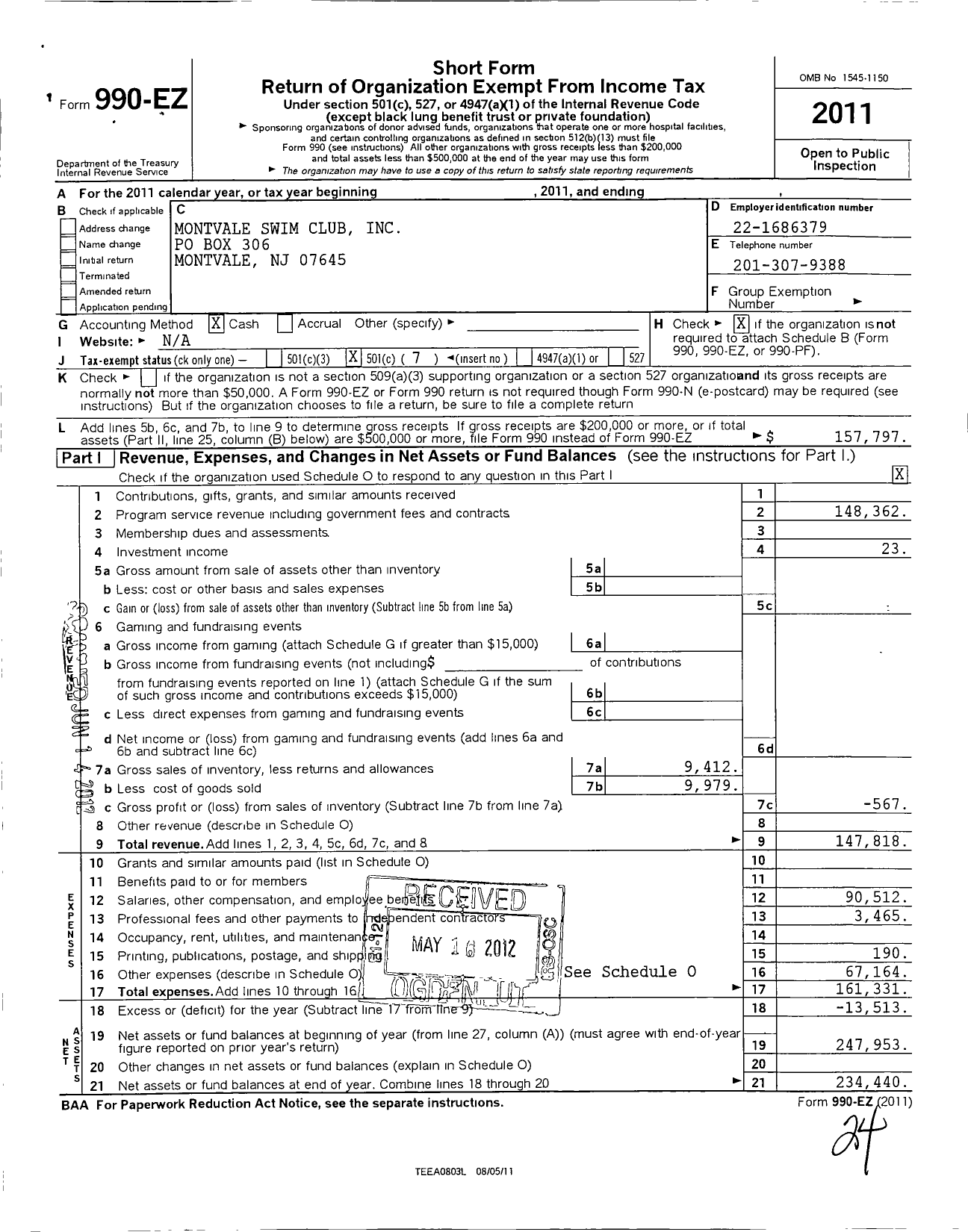 Image of first page of 2011 Form 990EO for Montvale Swim Club