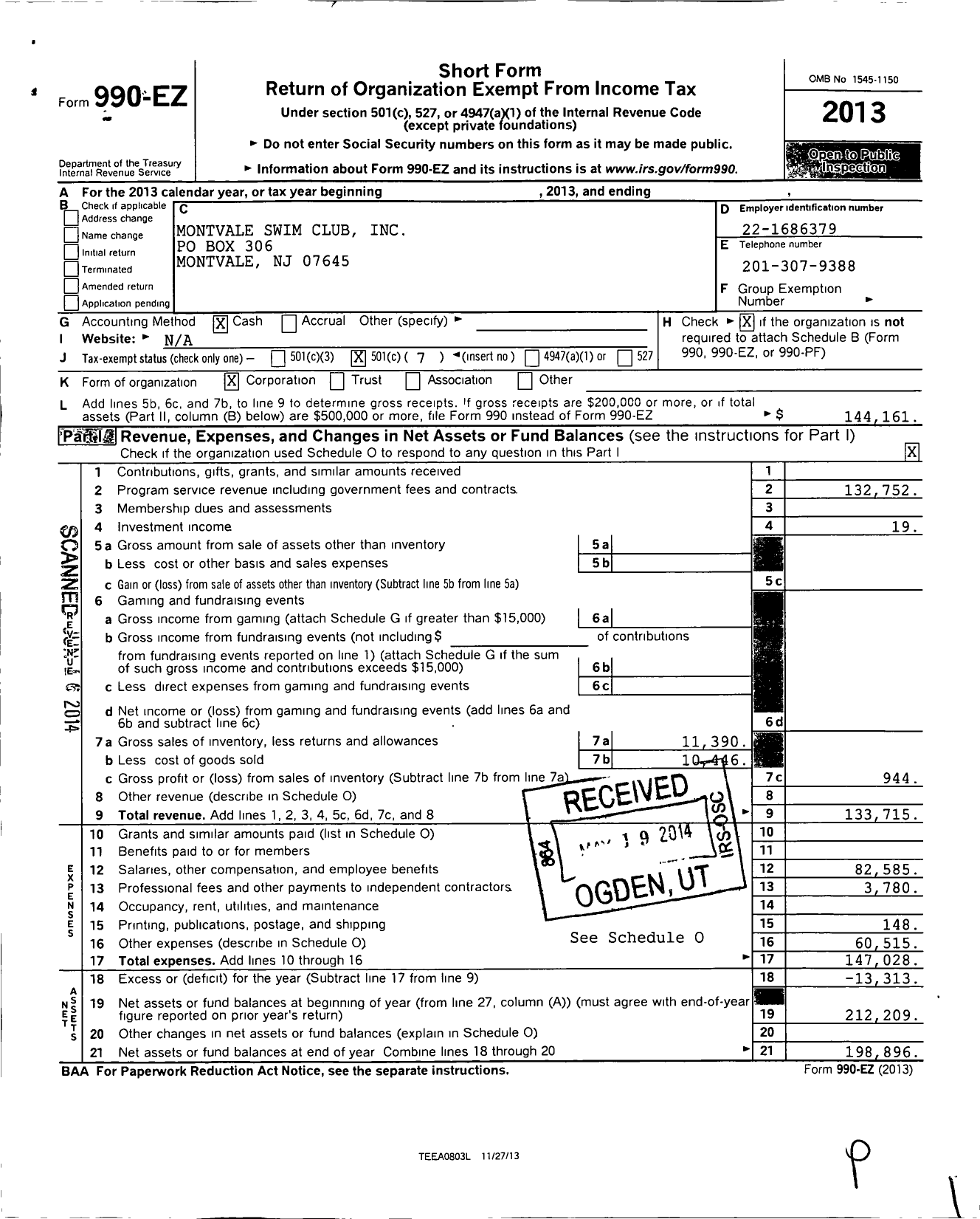 Image of first page of 2013 Form 990EO for Montvale Swim Club