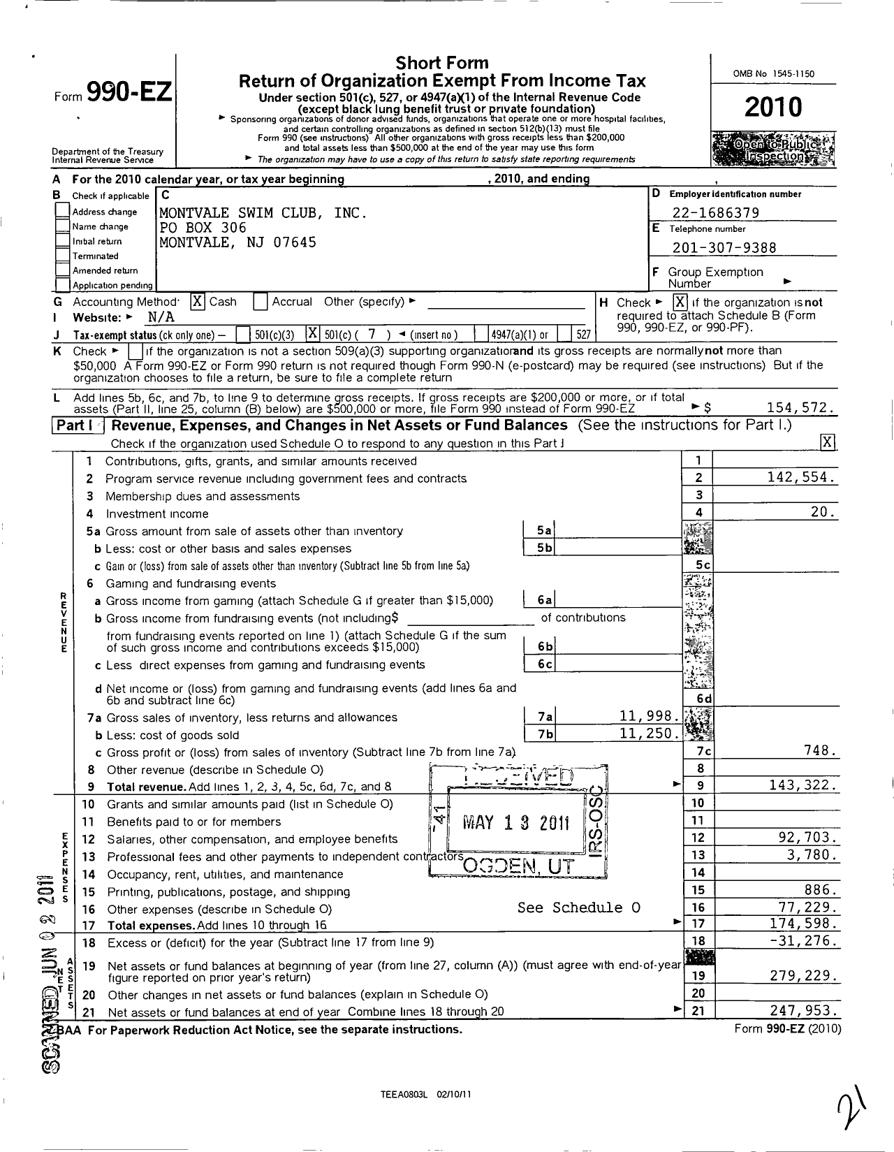 Image of first page of 2010 Form 990EO for Montvale Swim Club