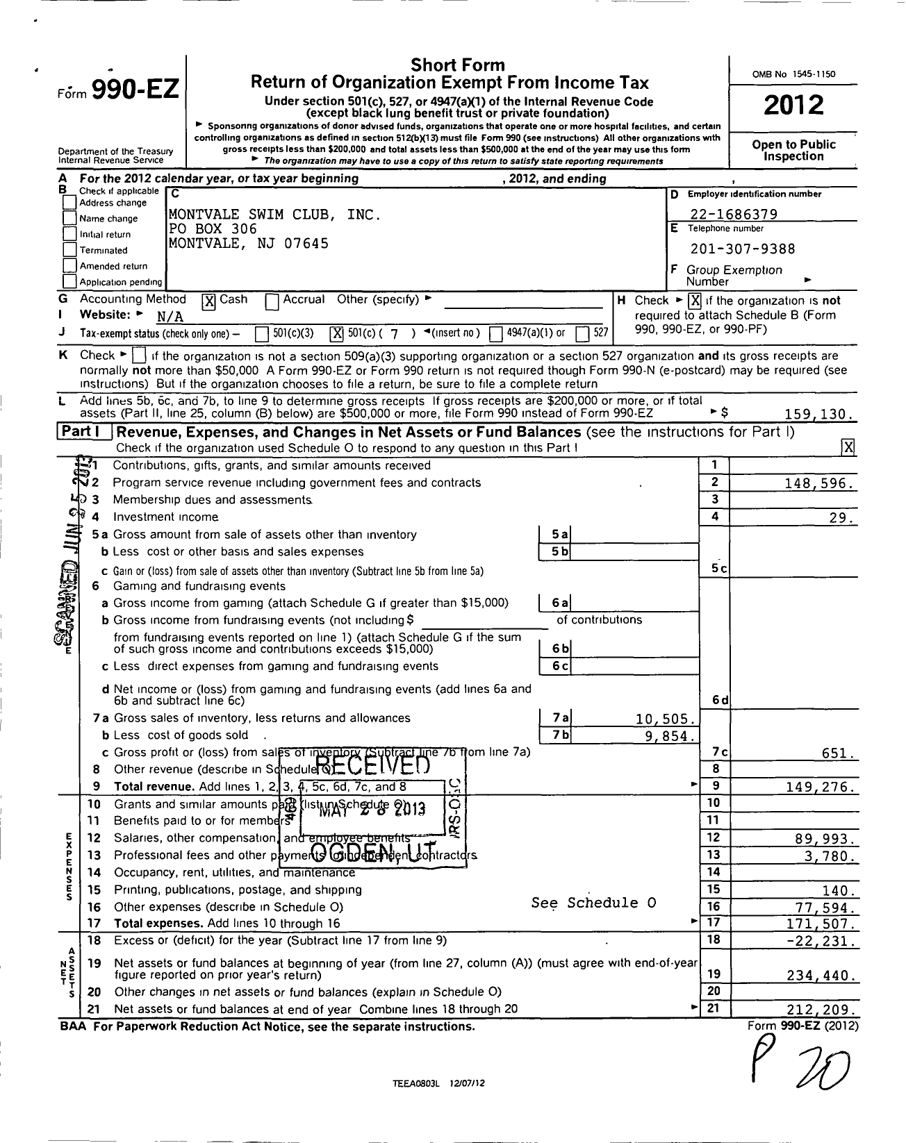 Image of first page of 2012 Form 990EO for Montvale Swim Club