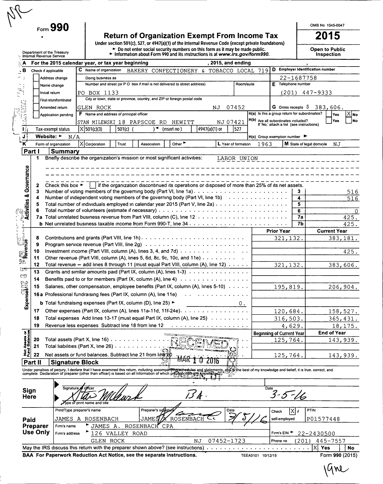 Image of first page of 2015 Form 990 for BCTGM International Union - 719 Local