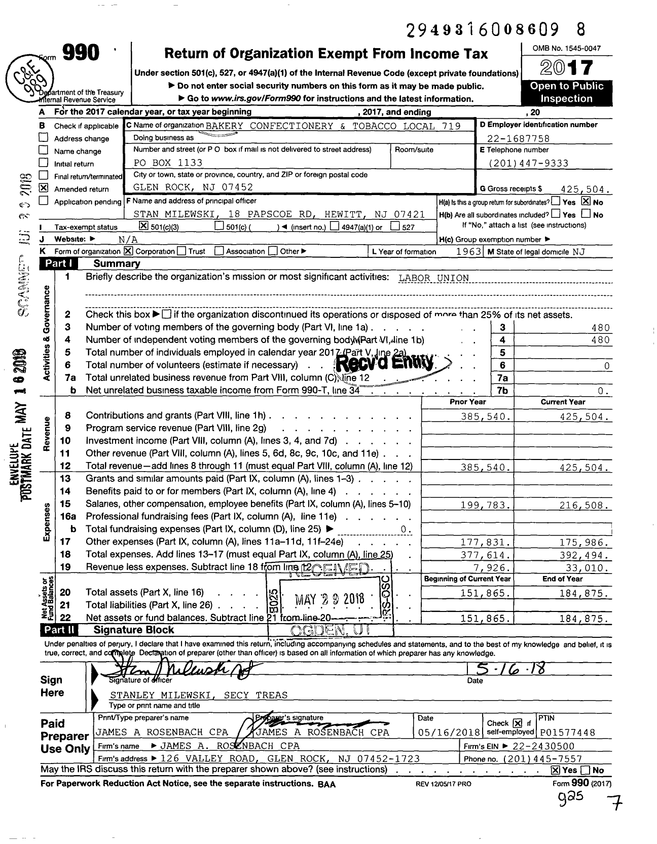 Image of first page of 2017 Form 990 for BCTGM International Union - 719 Local