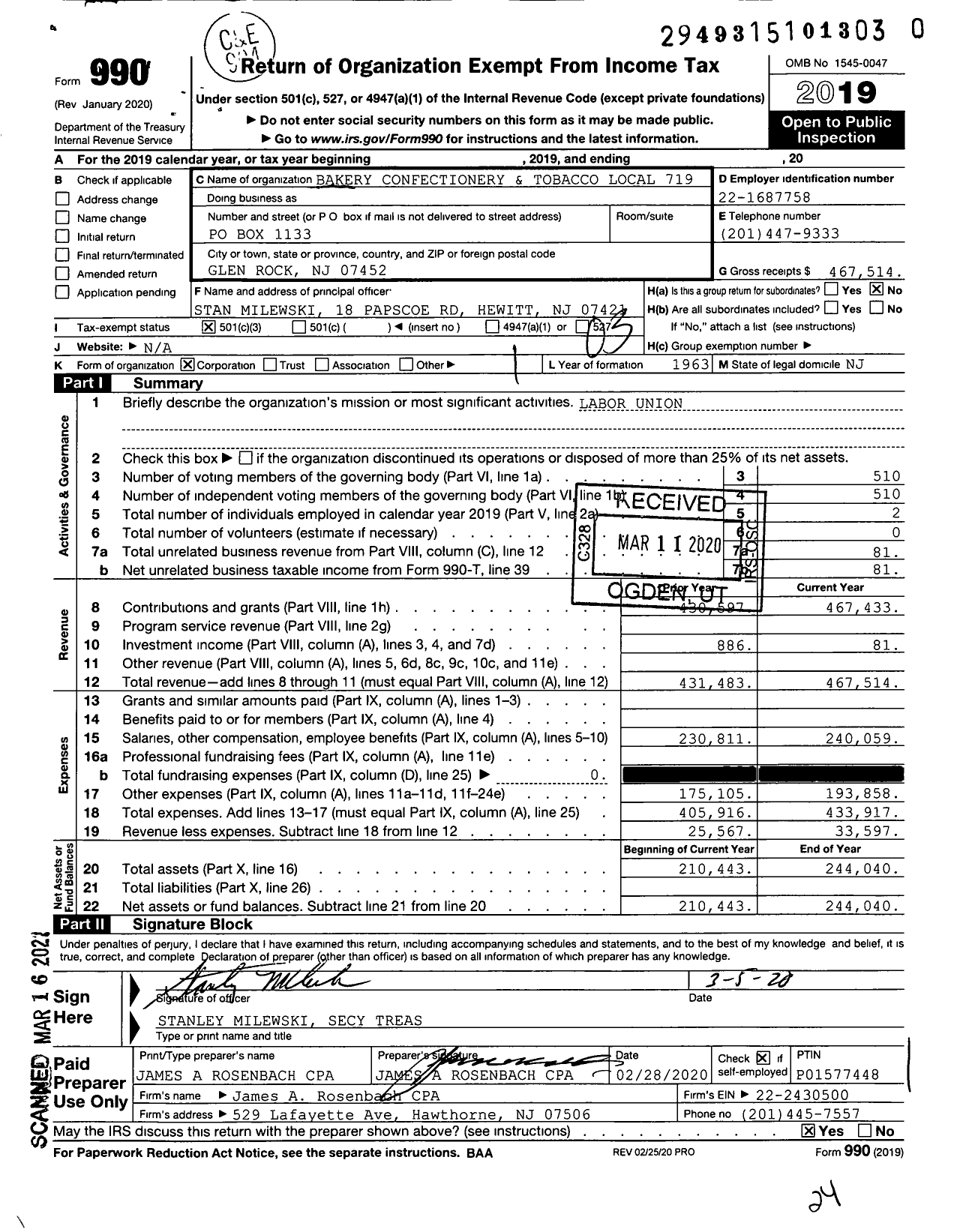 Image of first page of 2019 Form 990 for BCTGM International Union - 719 Local