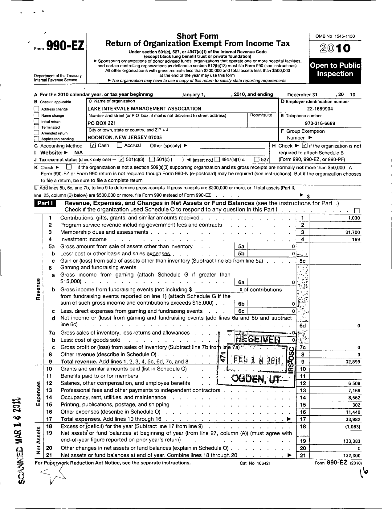 Image of first page of 2010 Form 990EZ for Lake Intervale Management Association