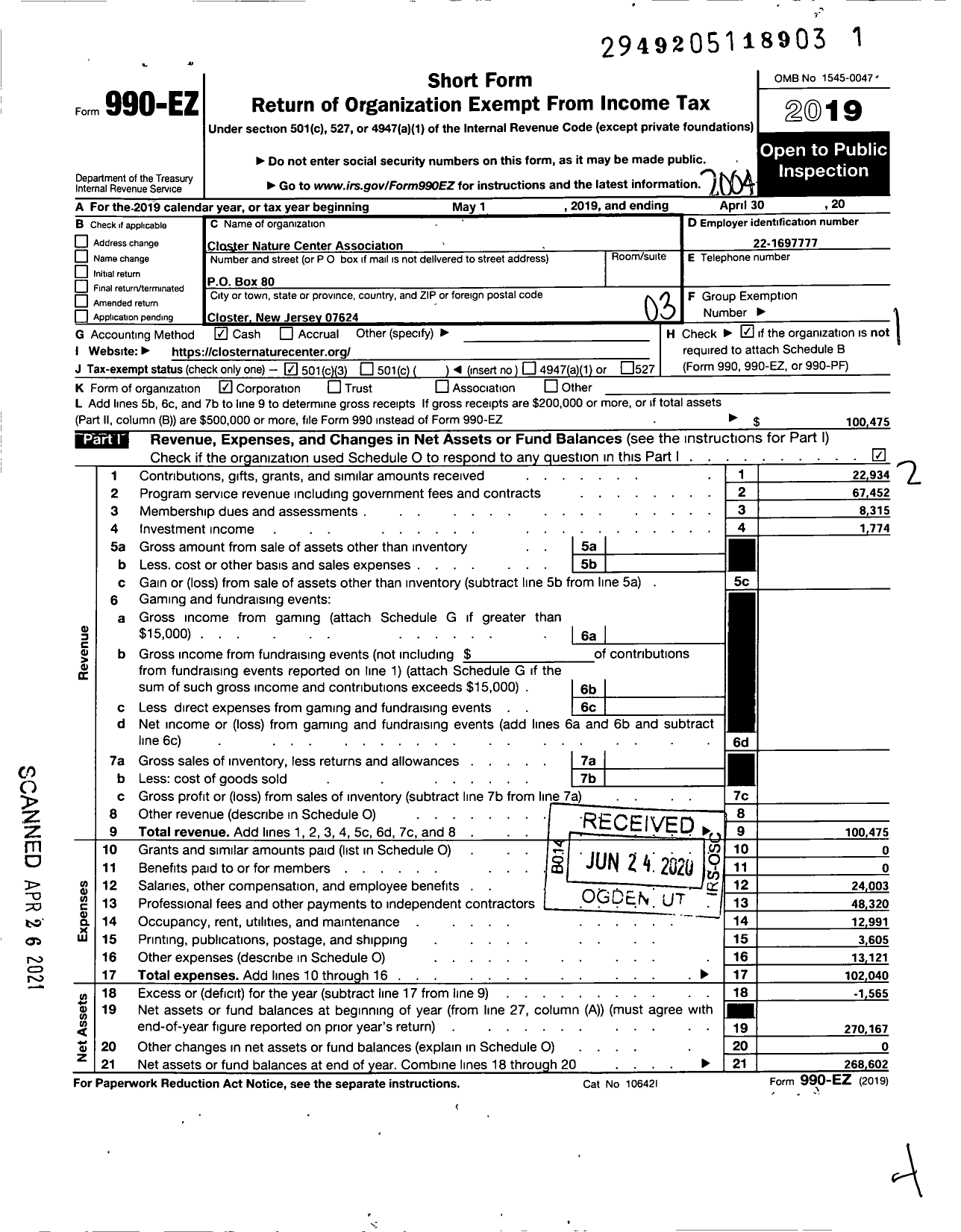 Image of first page of 2019 Form 990EZ for Closter Nature Center Association