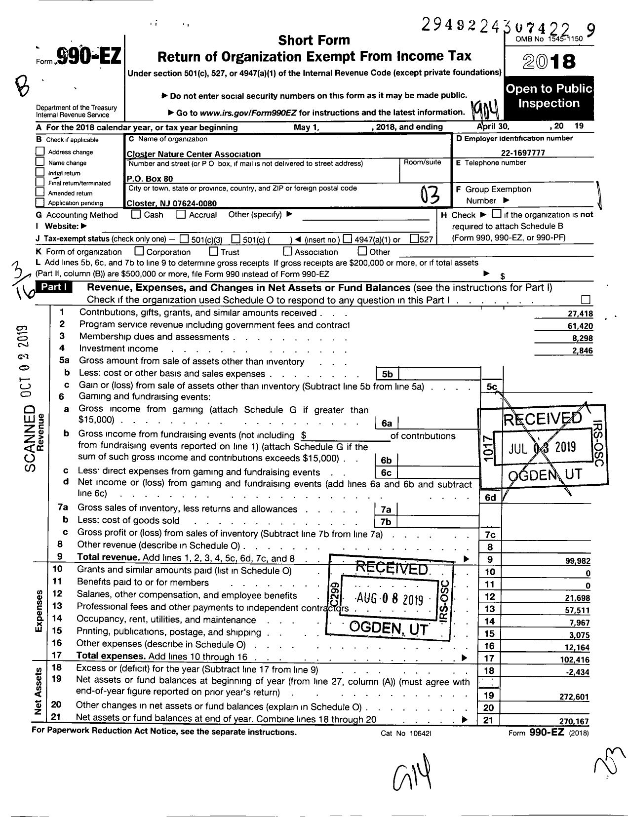 Image of first page of 2018 Form 990EZ for Closter Nature Center Association