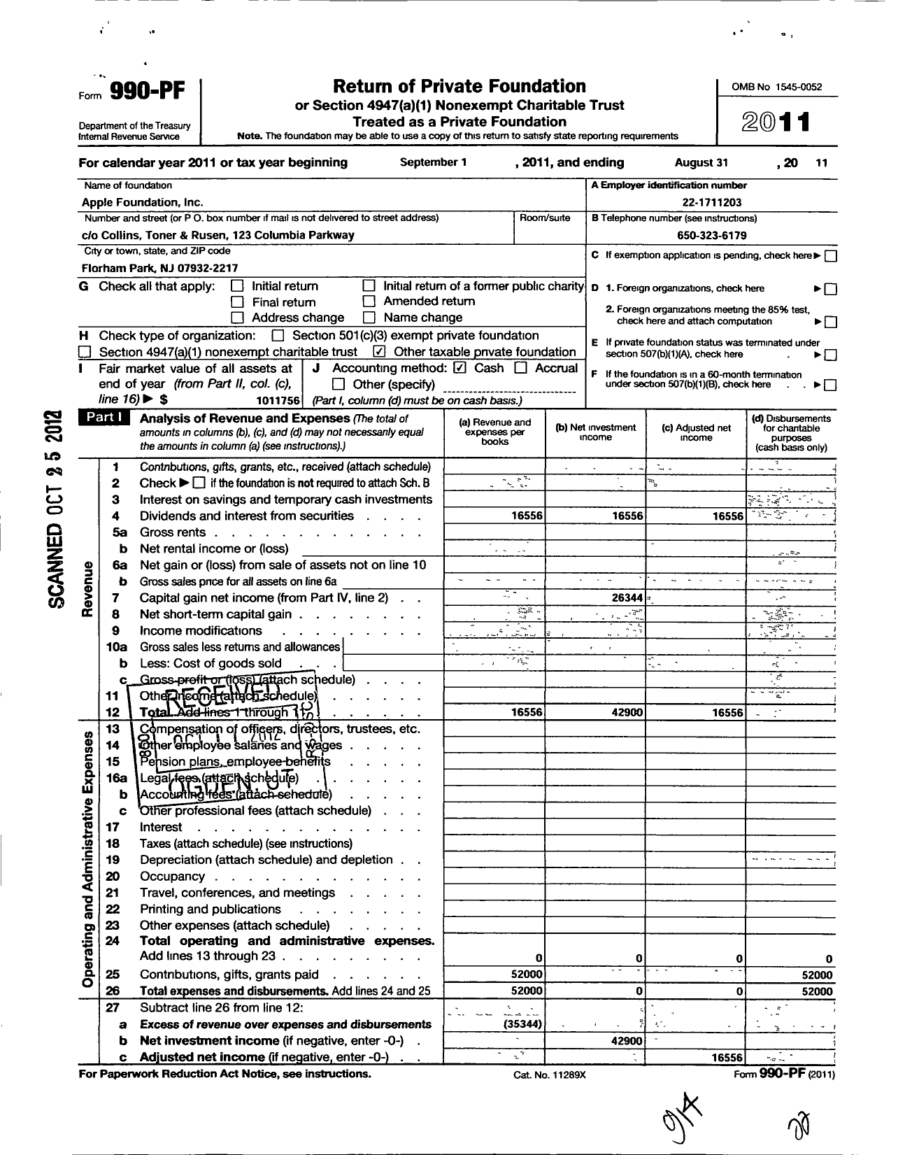 Image of first page of 2010 Form 990PF for Apple Foundation