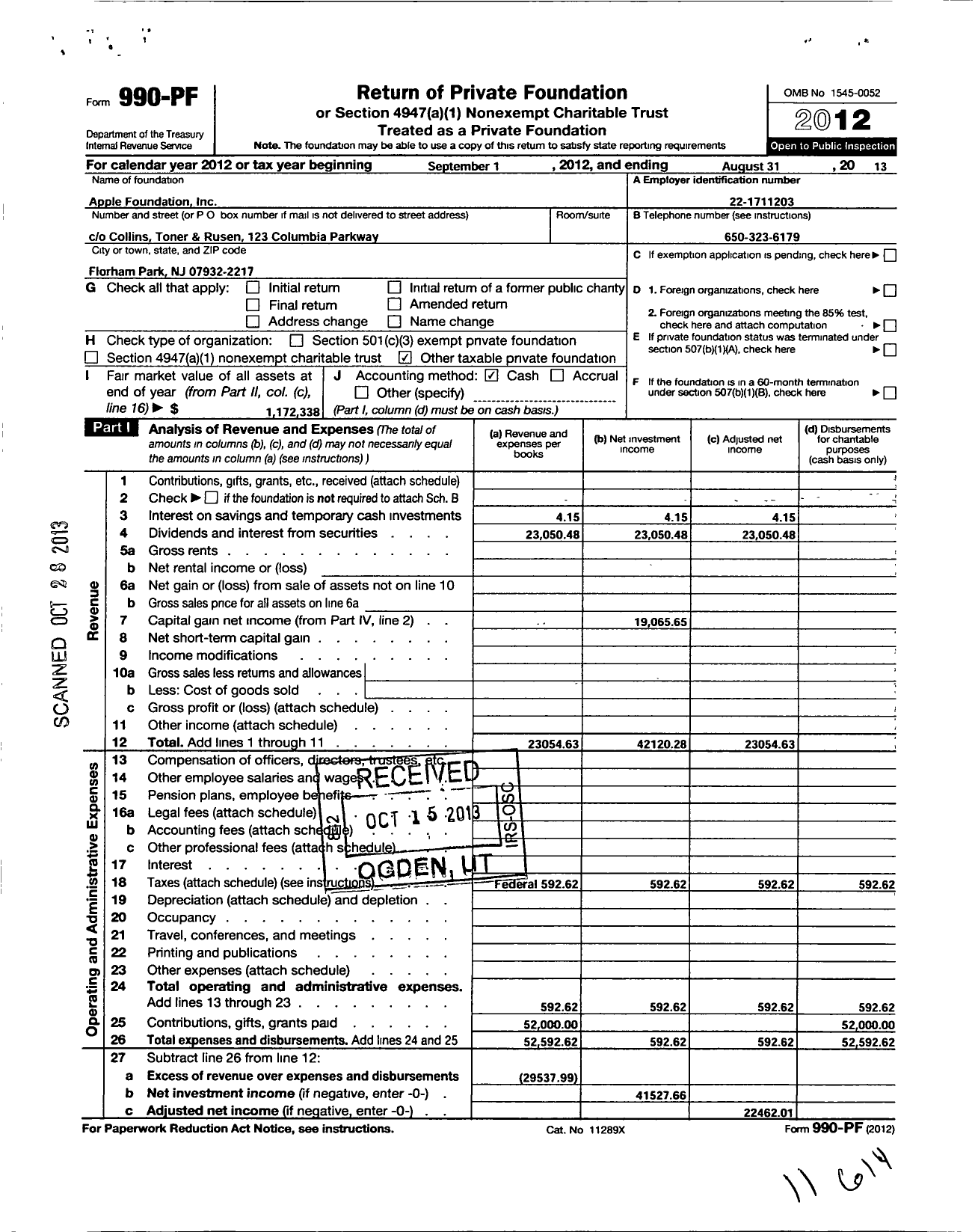 Image of first page of 2012 Form 990PF for Apple Foundation