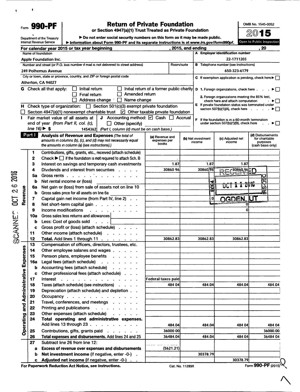 Image of first page of 2015 Form 990PF for Apple Foundation