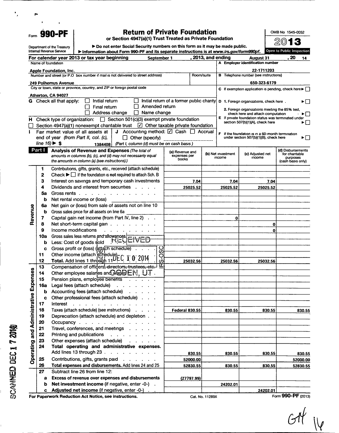 Image of first page of 2013 Form 990PF for Apple Foundation