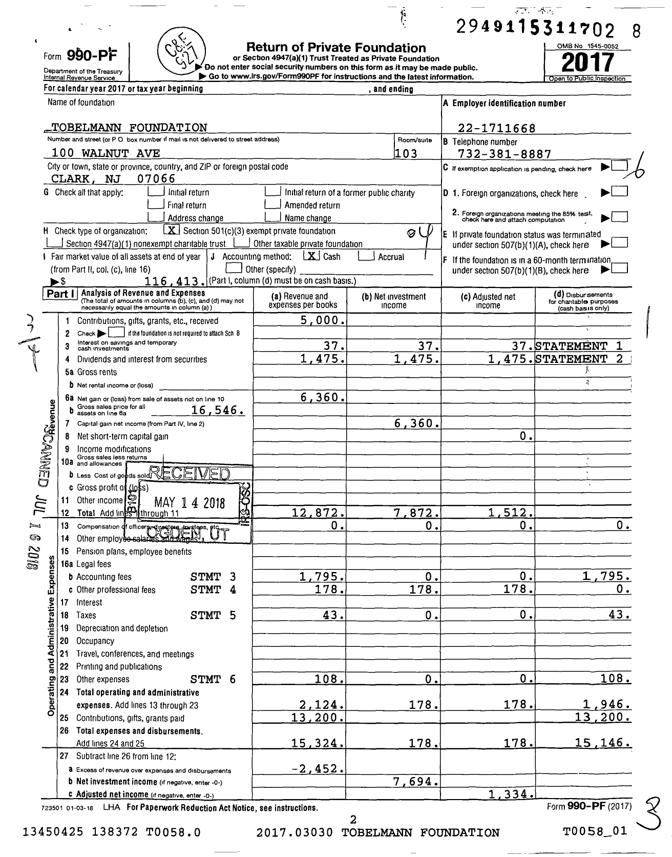 Image of first page of 2017 Form 990PF for Tobelmann Foundation