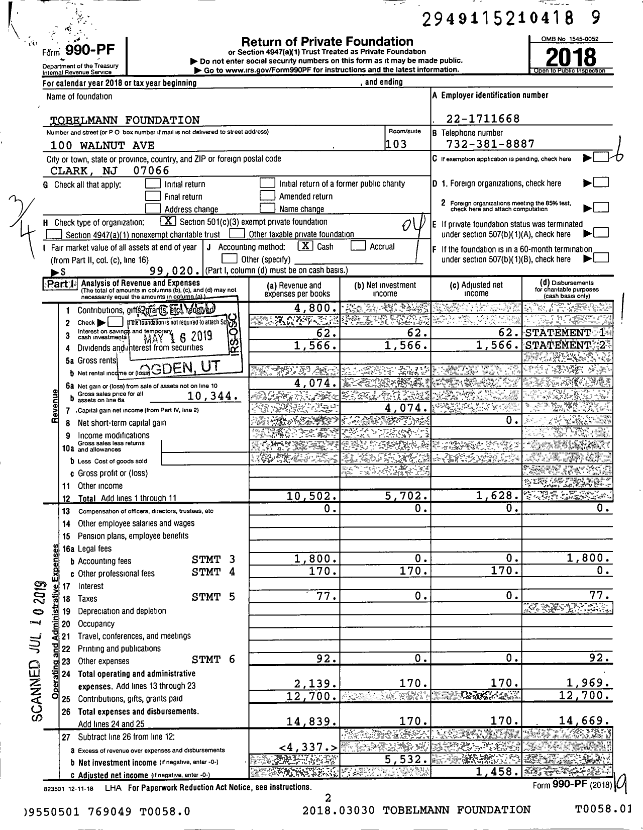 Image of first page of 2018 Form 990PF for Tobelmann Foundation