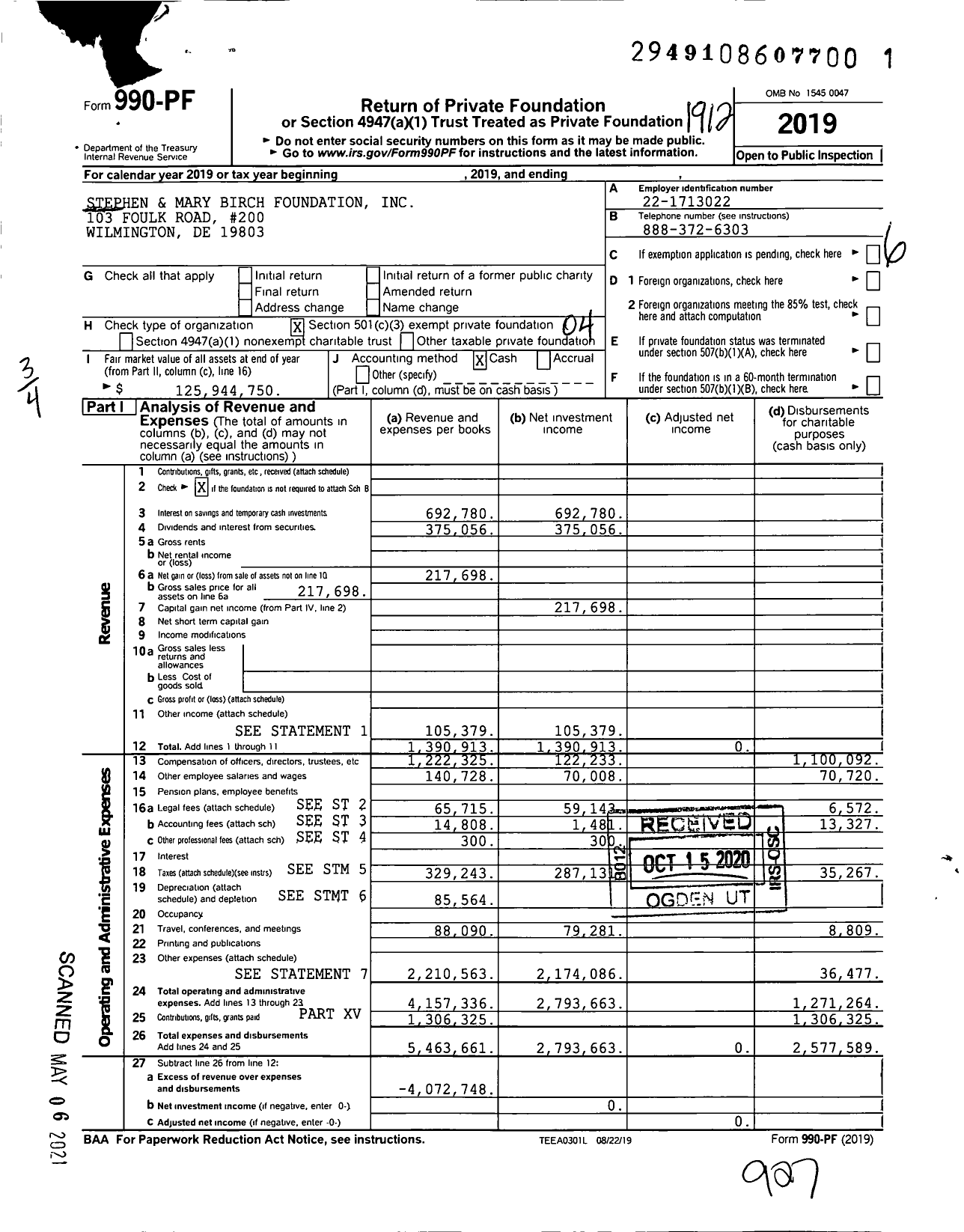 Image of first page of 2019 Form 990PF for Stephen and Mary Birch Foundation