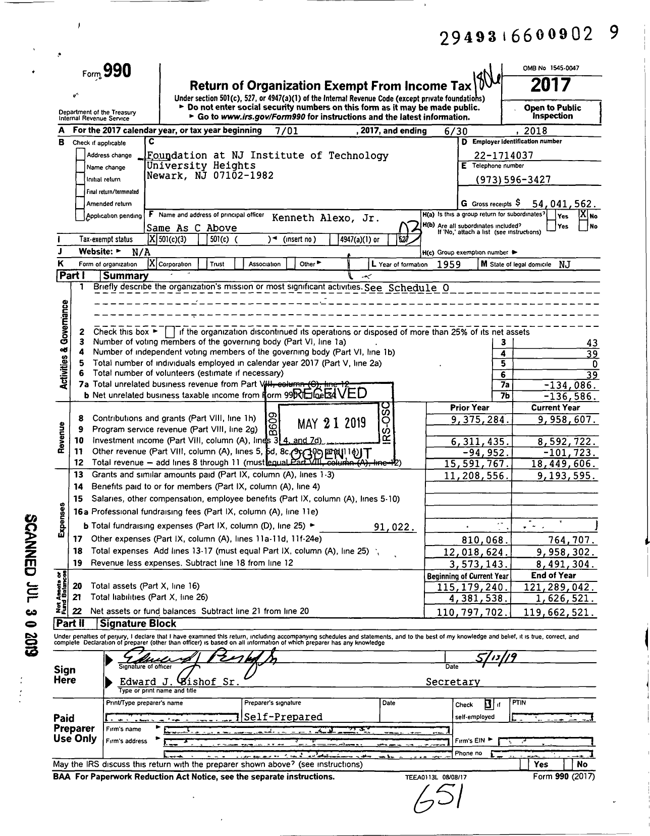 Image of first page of 2017 Form 990 for Foundation at NJ Institute of Technology