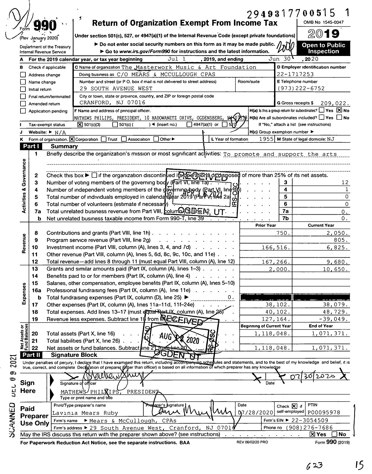 Image of first page of 2019 Form 990 for The Masterwork Music & Art Foundation