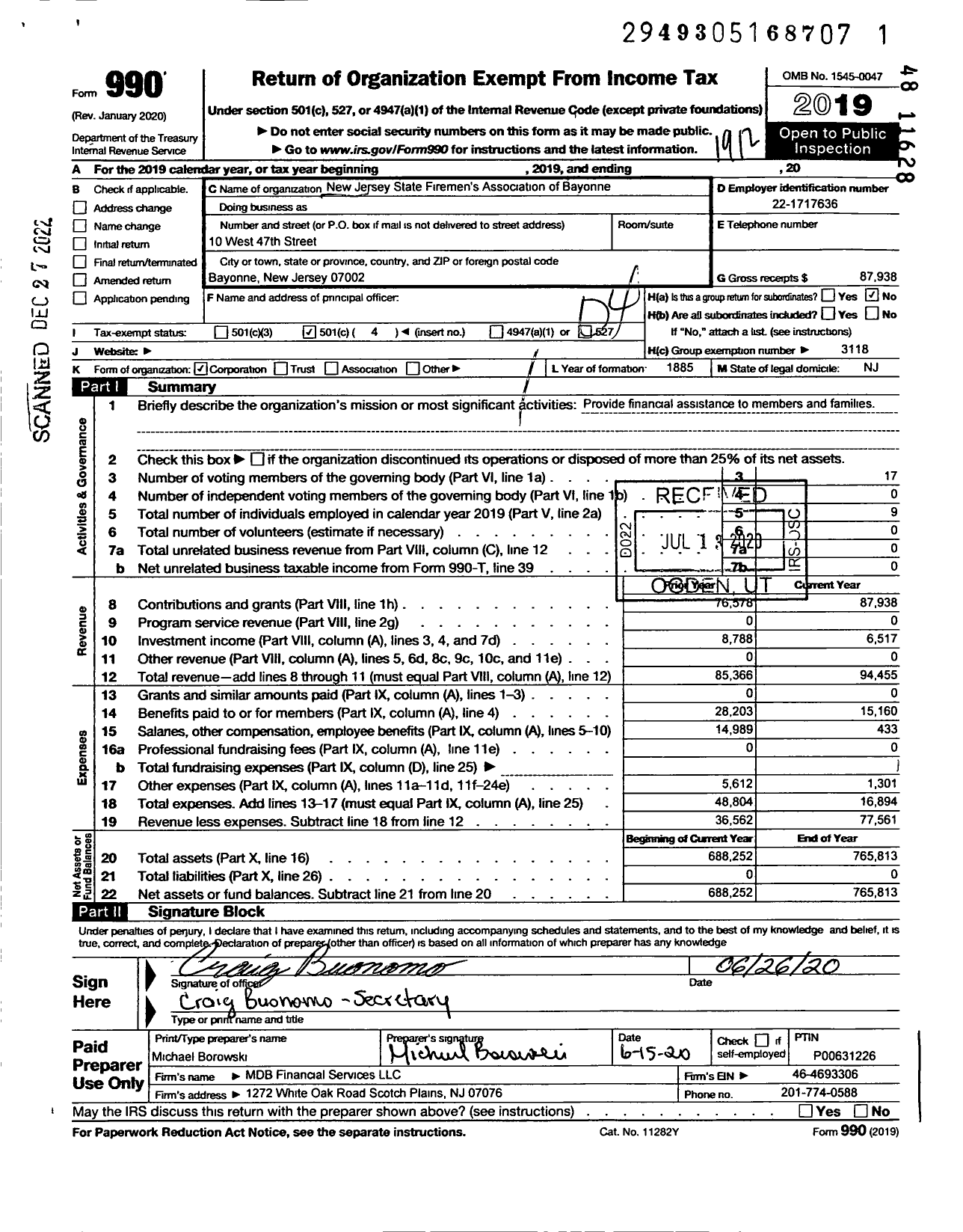 Image of first page of 2019 Form 990O for New Jersey State Firemen's Association - Bayonne