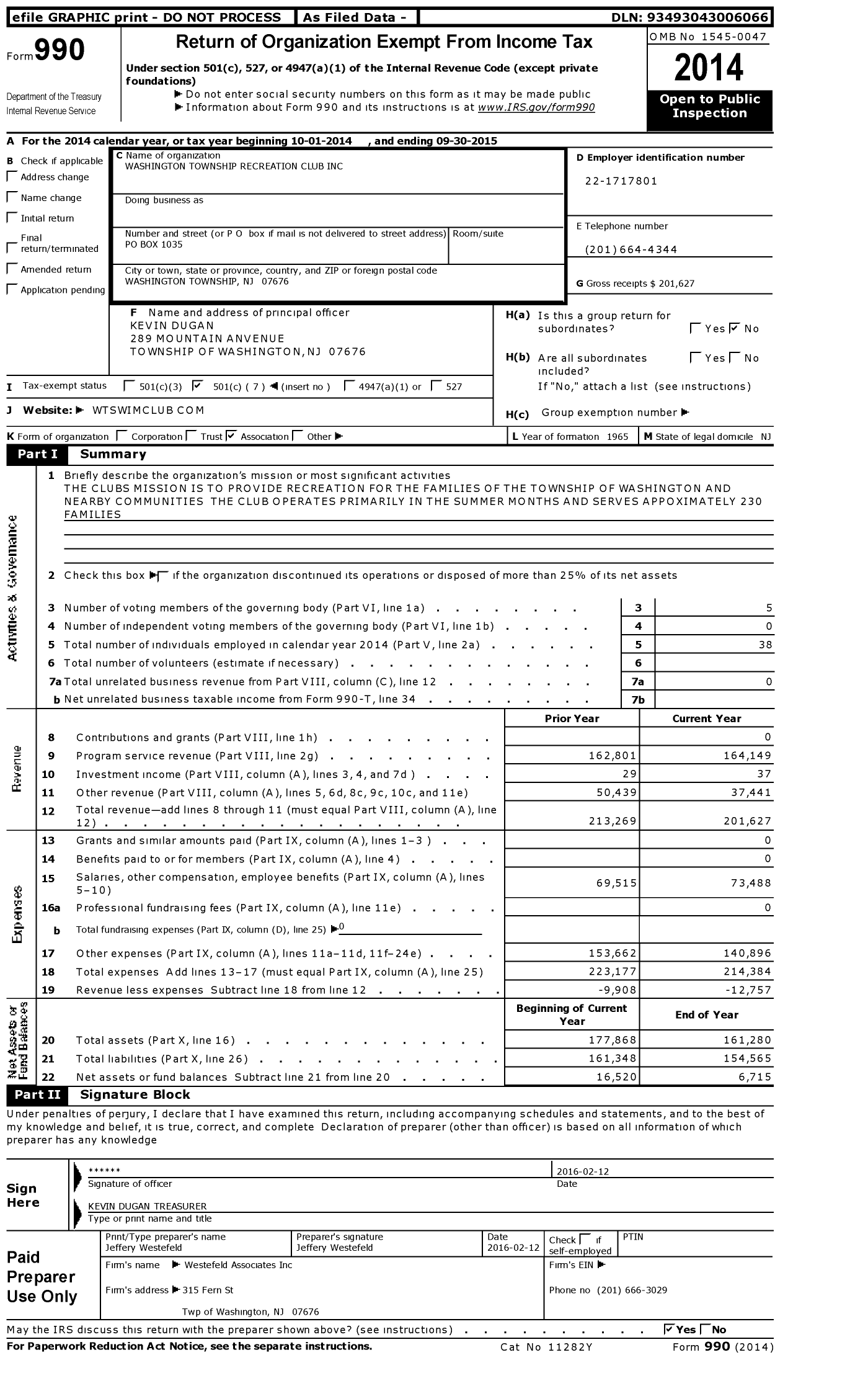 Image of first page of 2014 Form 990O for Washington Township Recreation Club