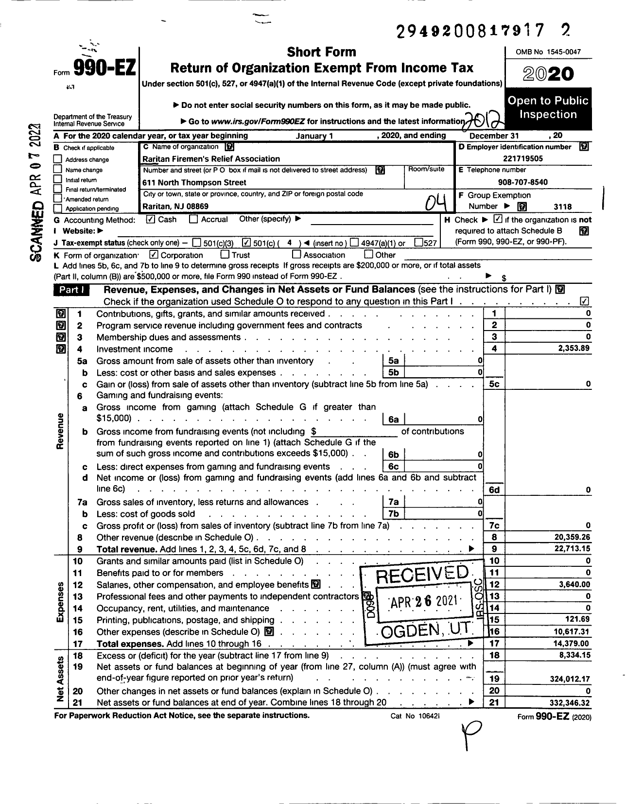 Image of first page of 2020 Form 990EO for NEW JERSEY STATE Firemen's Association - Raritan