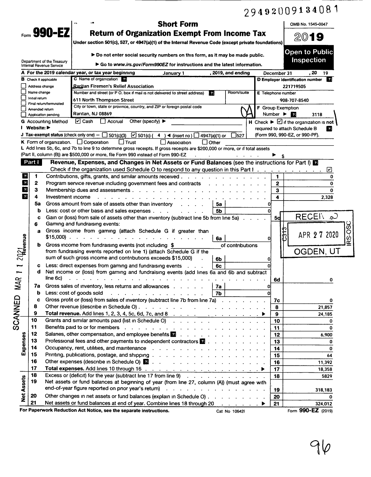 Image of first page of 2019 Form 990EO for NEW JERSEY STATE Firemen's Association - Raritan