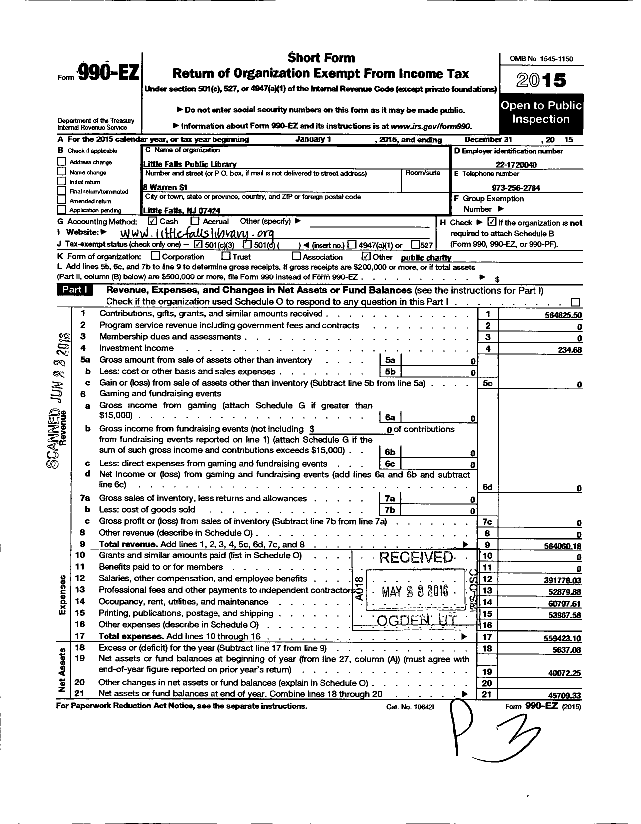 Image of first page of 2015 Form 990EZ for Little Falls Public Library