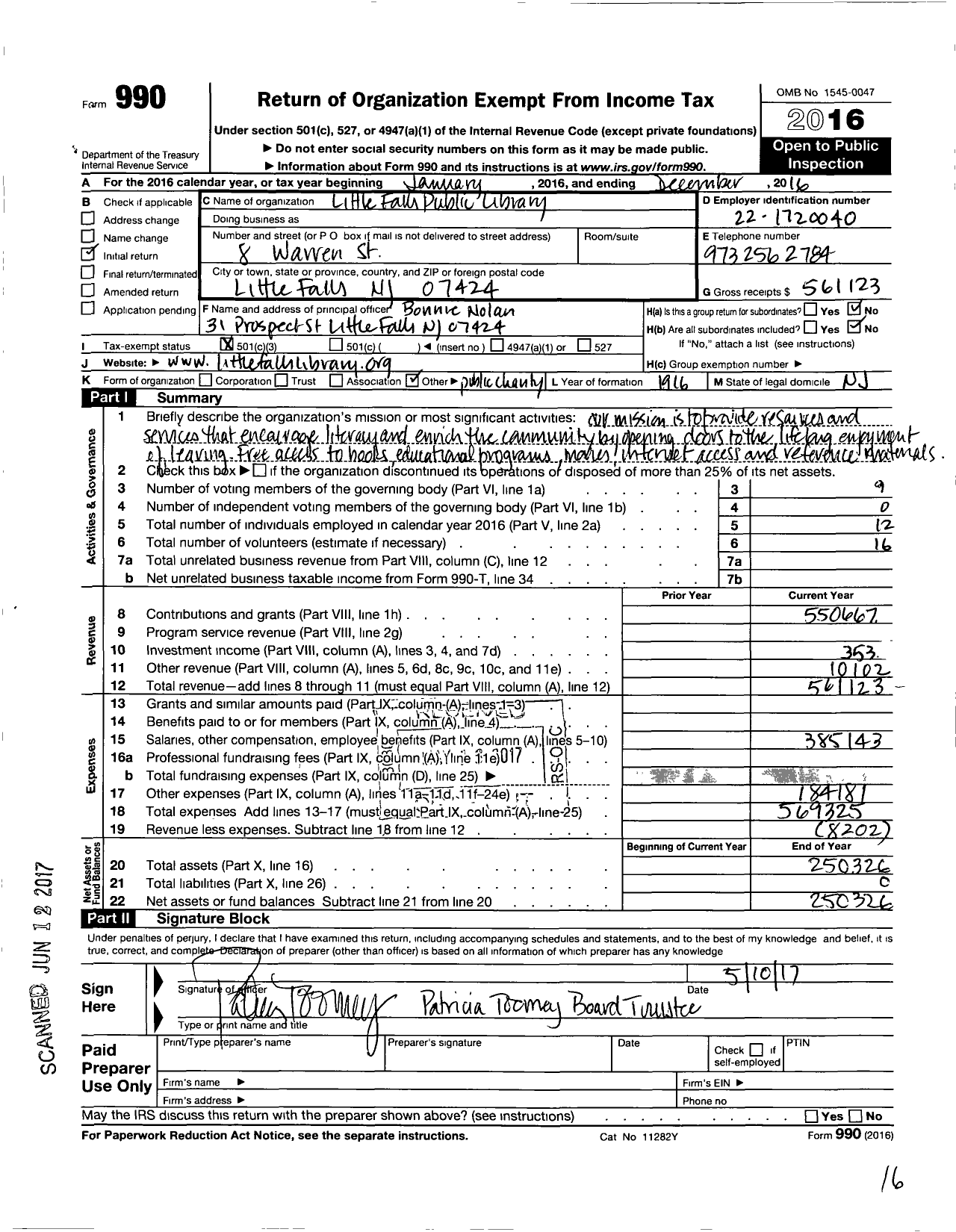 Image of first page of 2016 Form 990 for Little Falls Public Library