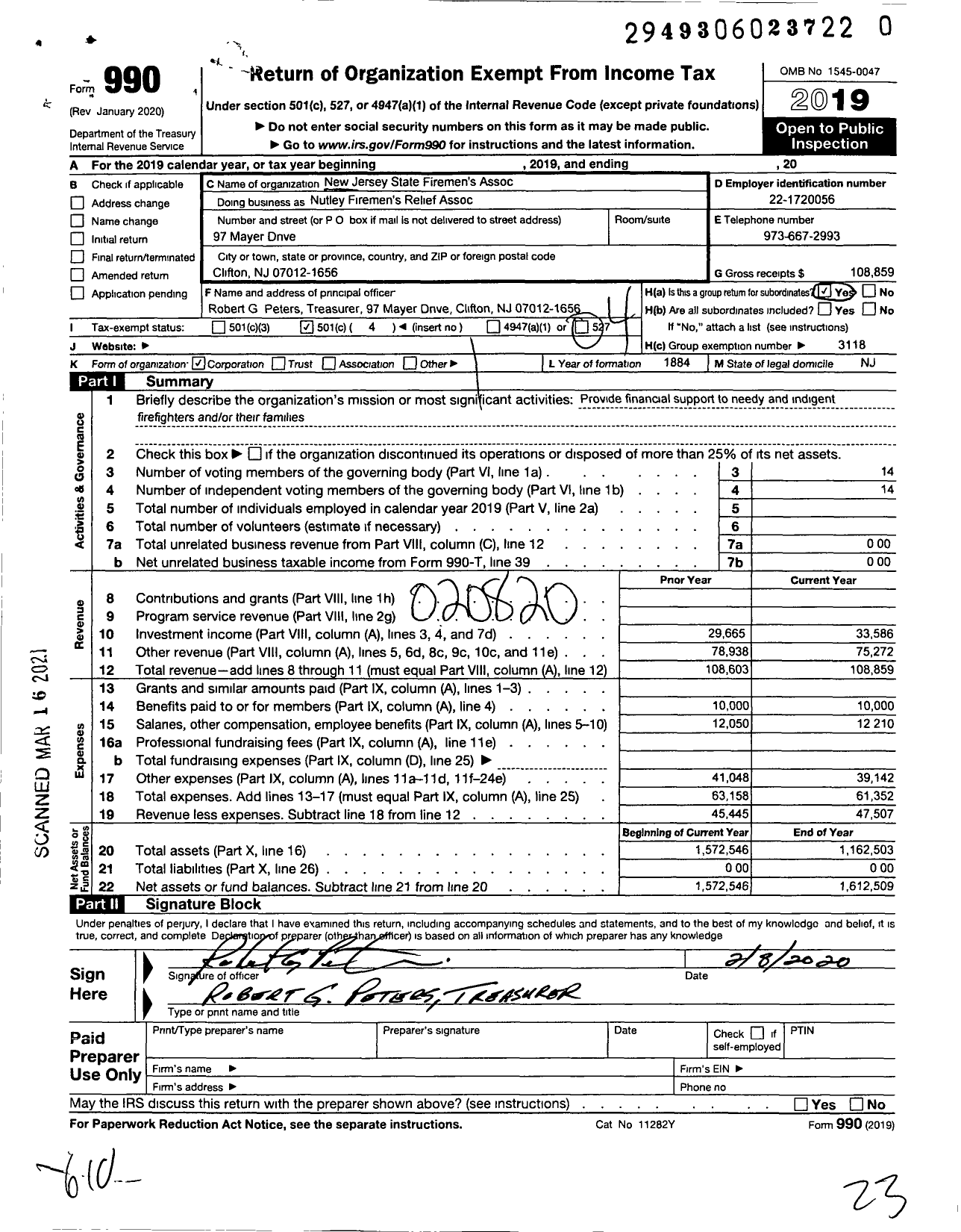 Image of first page of 2019 Form 990O for New Jersey State Firemen's Association - Nutley Firemans Relief Assoc