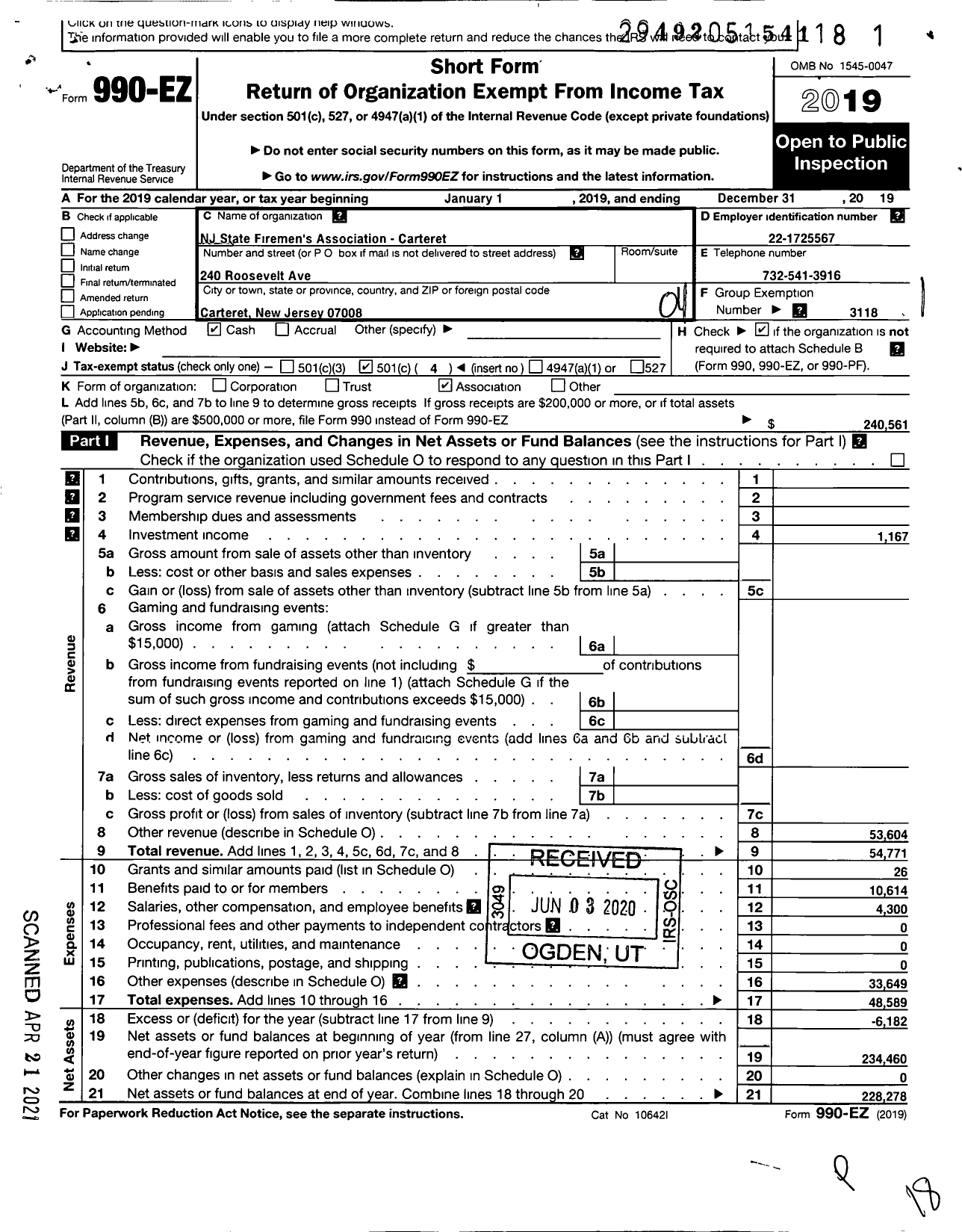 Image of first page of 2019 Form 990EO for New Jersey State Firemen's Association - Carteret