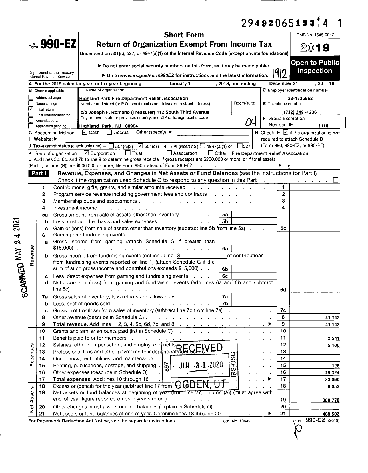 Image of first page of 2019 Form 990EO for New Jersey State Firemen's Association - Highland Park