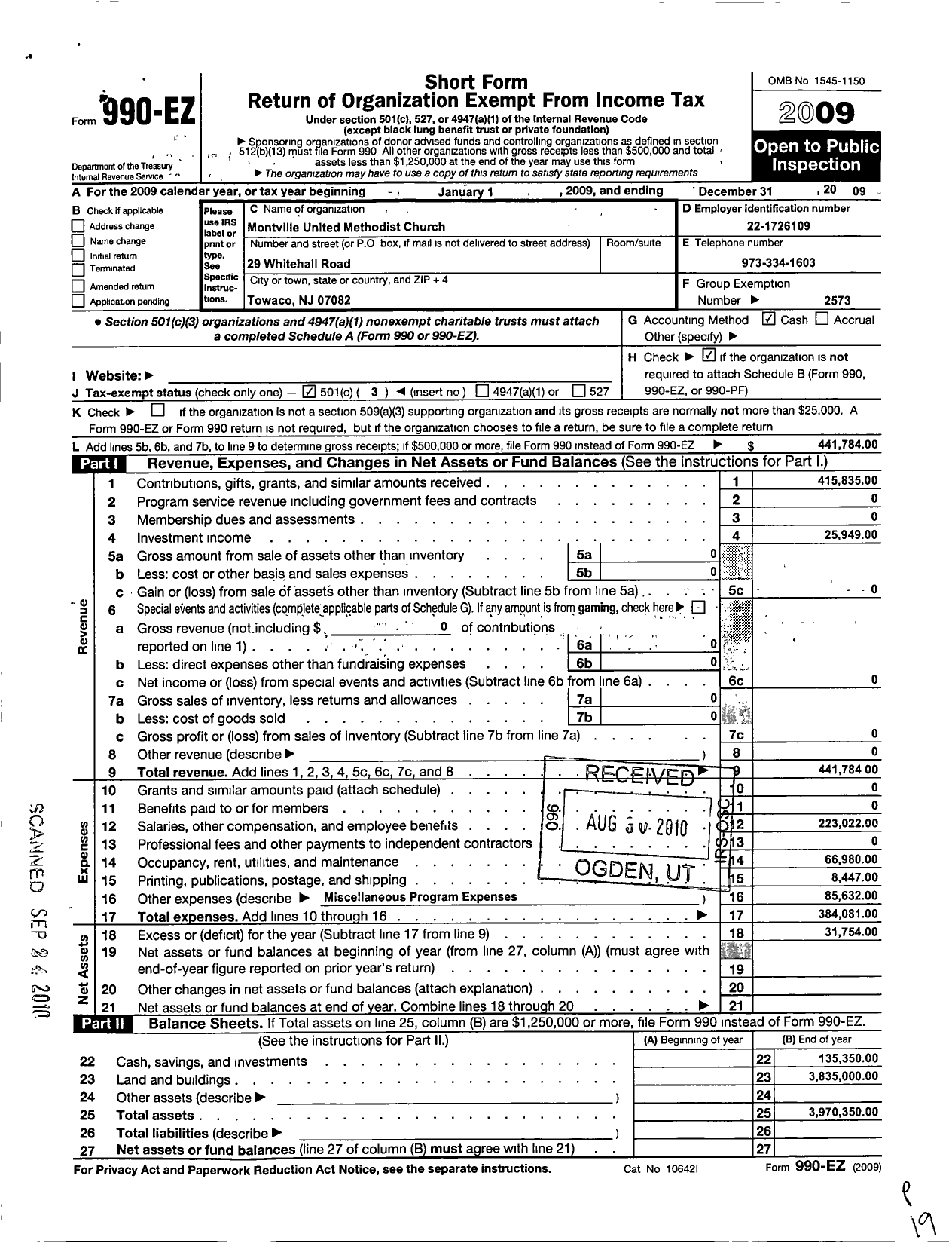 Image of first page of 2009 Form 990EZ for Montville United Methodist Church