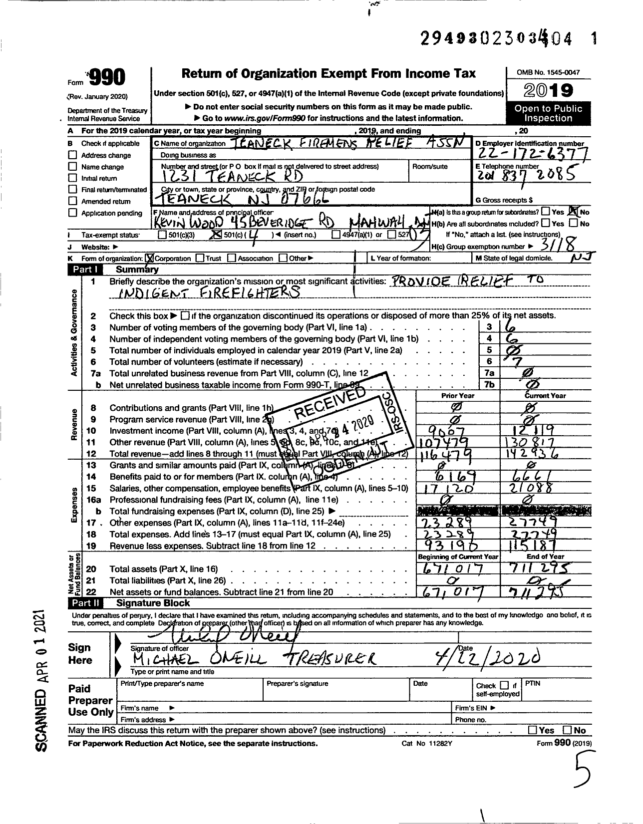 Image of first page of 2019 Form 990 for New Jersey State Firemen's Association - Teaneck