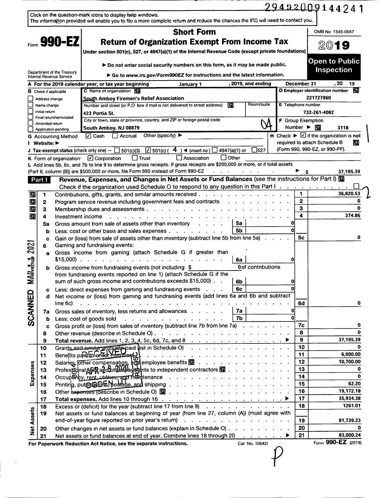 Image of first page of 2019 Form 990EO for New Jersey State Firemen's Association - South Amboy