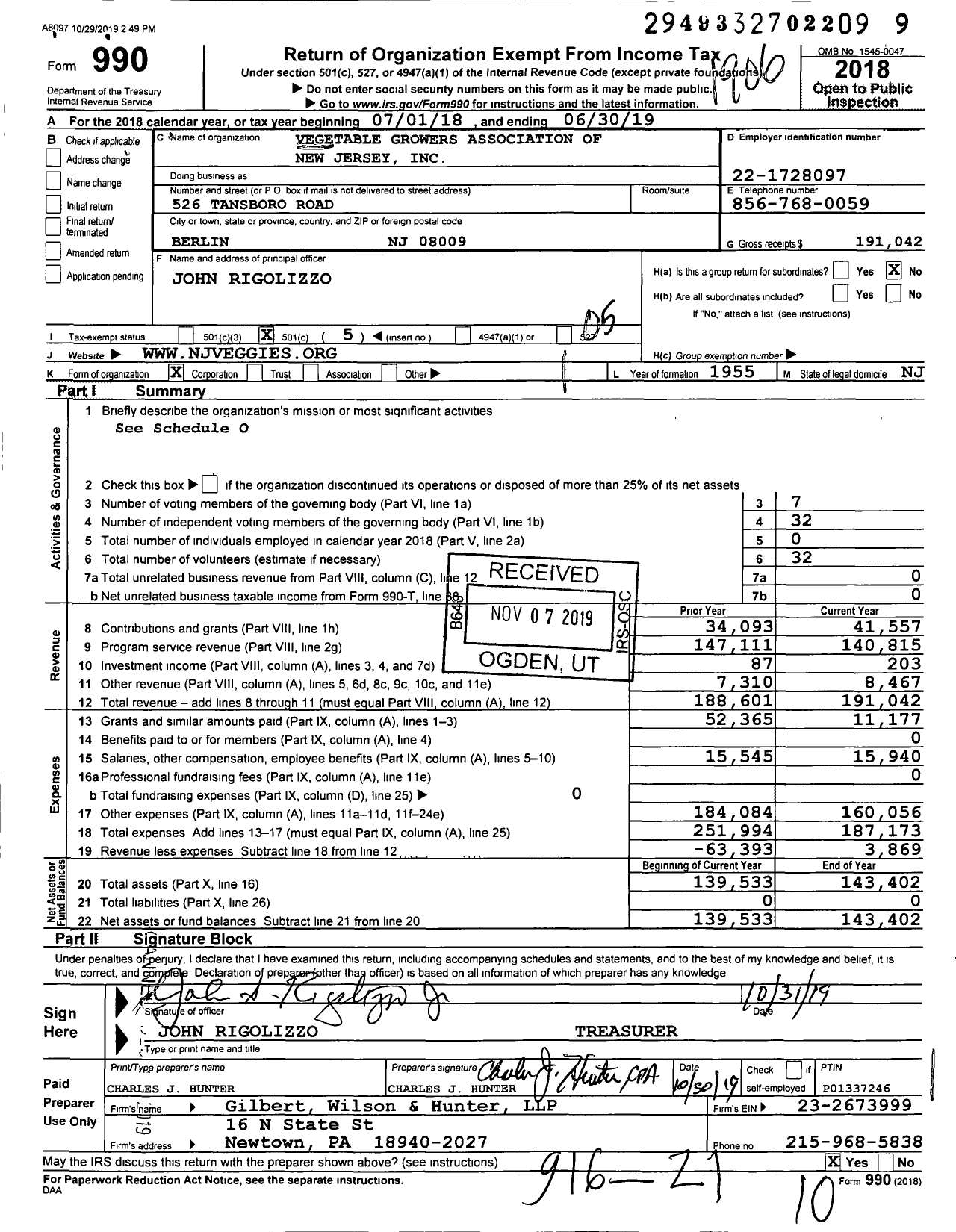 Image of first page of 2018 Form 990O for Vegetable Growers Association of New Jersey