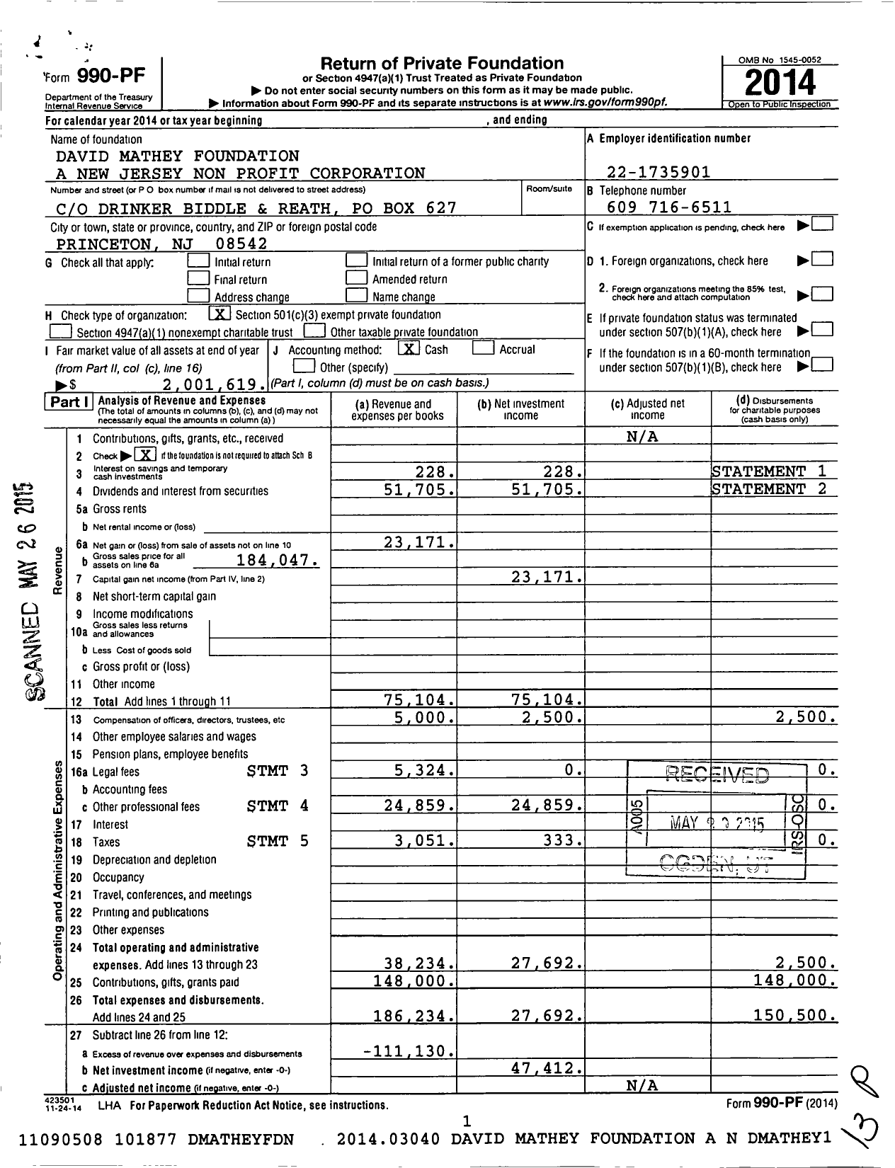 Image of first page of 2014 Form 990PF for David Mathey Foundation A New Jersey Non Profit Corporation